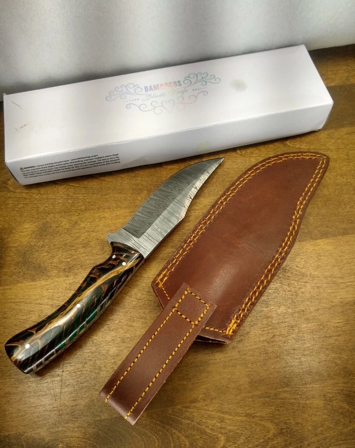 New Stauer Mighty Conifer Knife with Damascus Blade & Pinecone Handle w/ Sheath