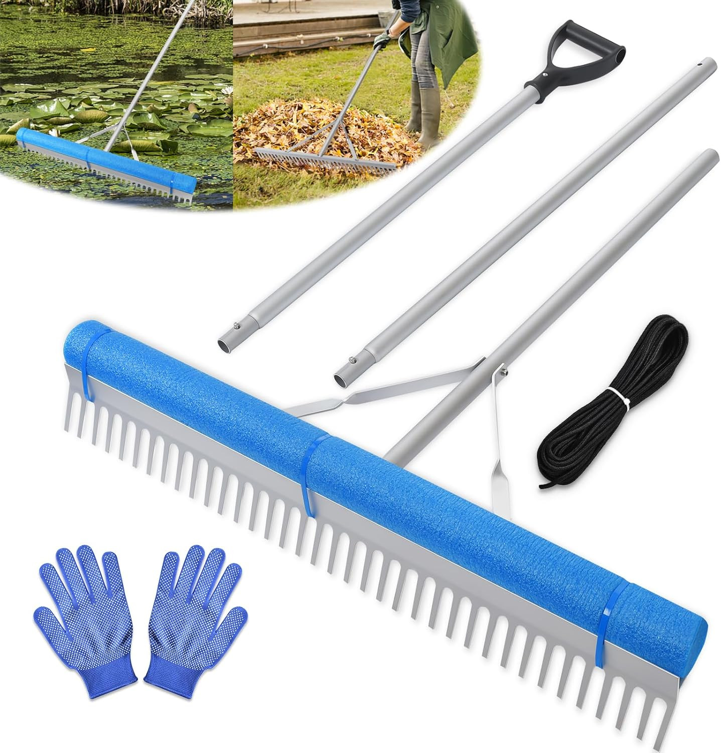 Floating Lake Rake, Leaf Collector for Gardening, 36" Aluminum Landscape Rake wi