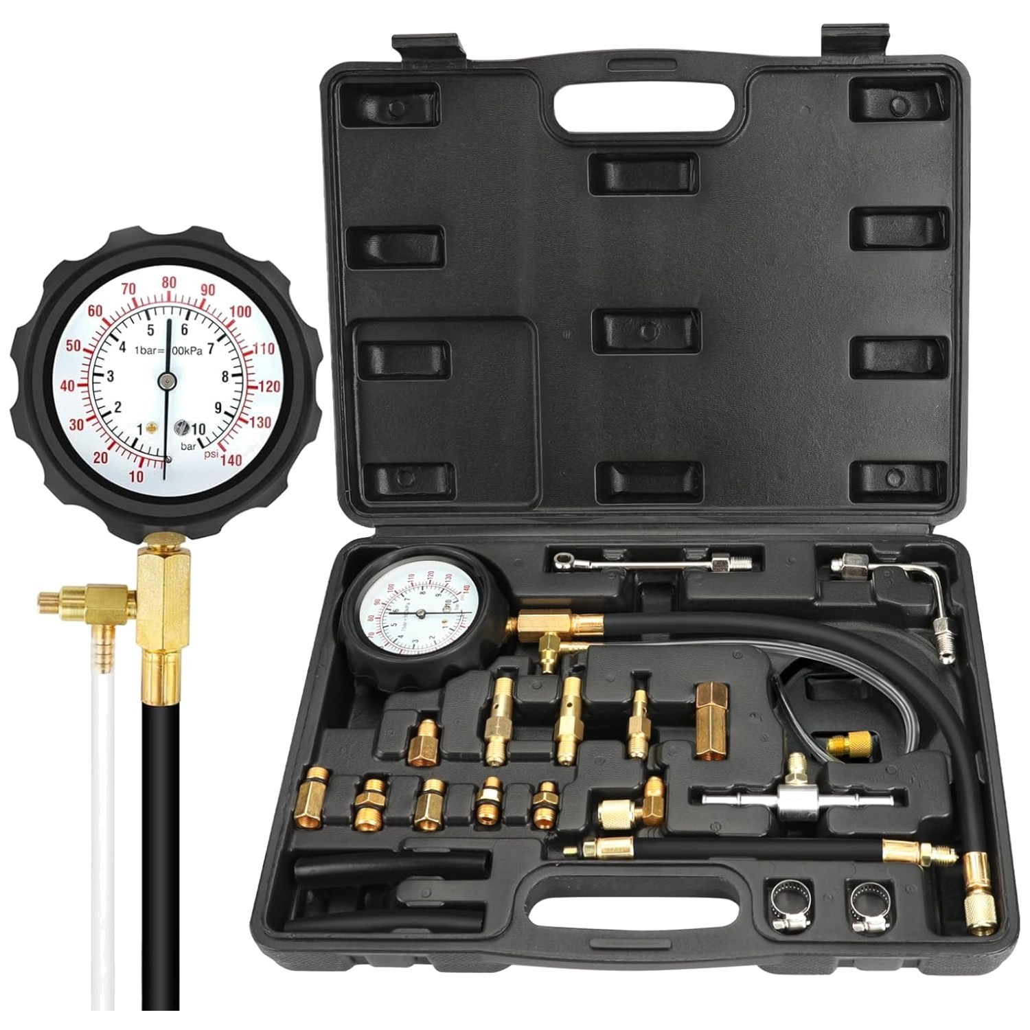 Automotive Fuel Pressure Tester - 0-140 PSI Gauge with Adapters for All Vehicles