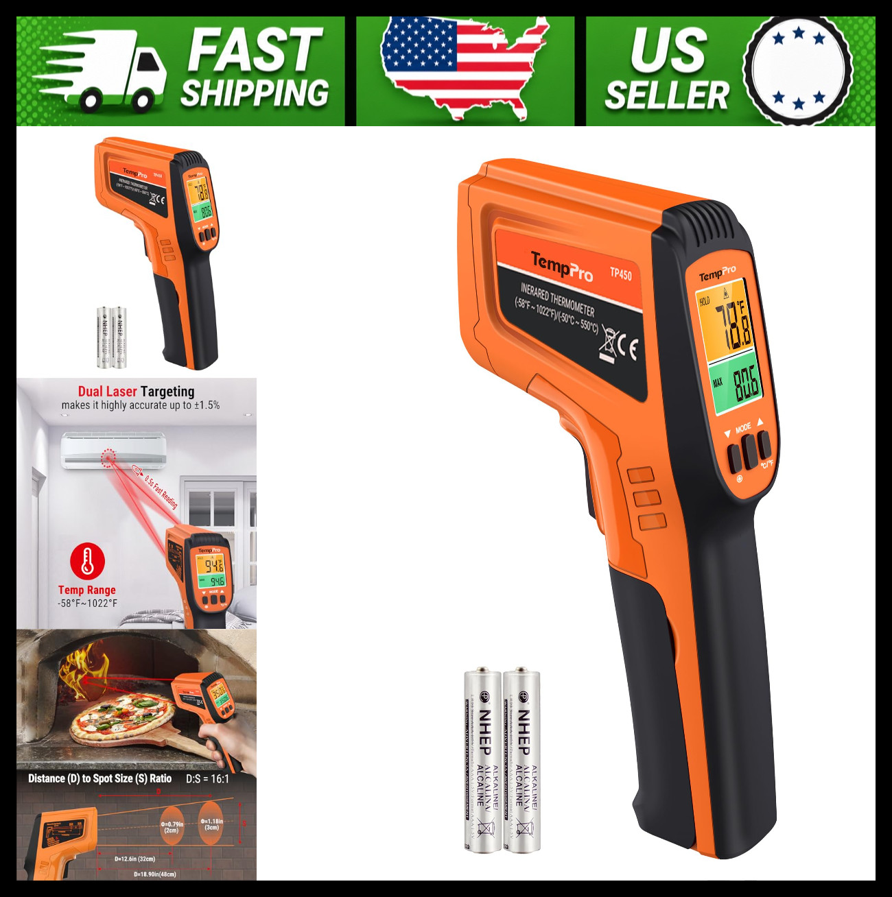 TempPro Infrared Thermometer Gun for Pizza Oven Grill Cooking HVAC Engine