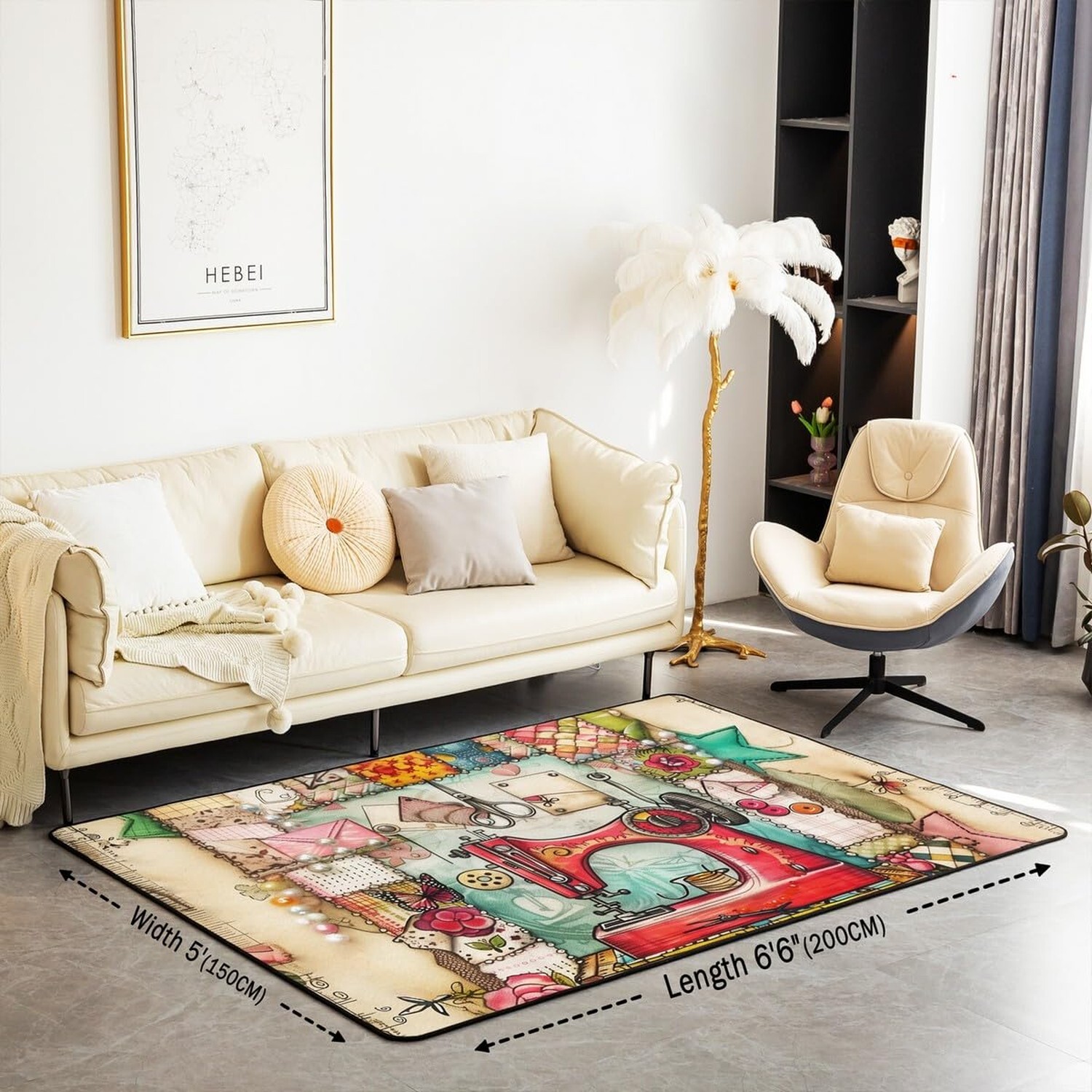 Red Sewing Machine Rug 5x6'6'',Retro European Sewing Theme Non Slip Decorativ...