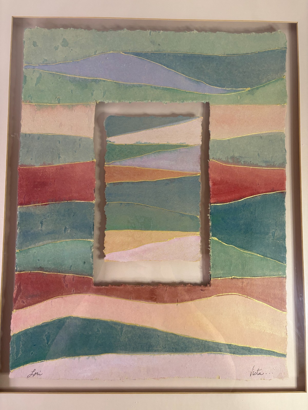 Lori “Vista” Torn Handmade Paper Collage Framed Abstract Landscape