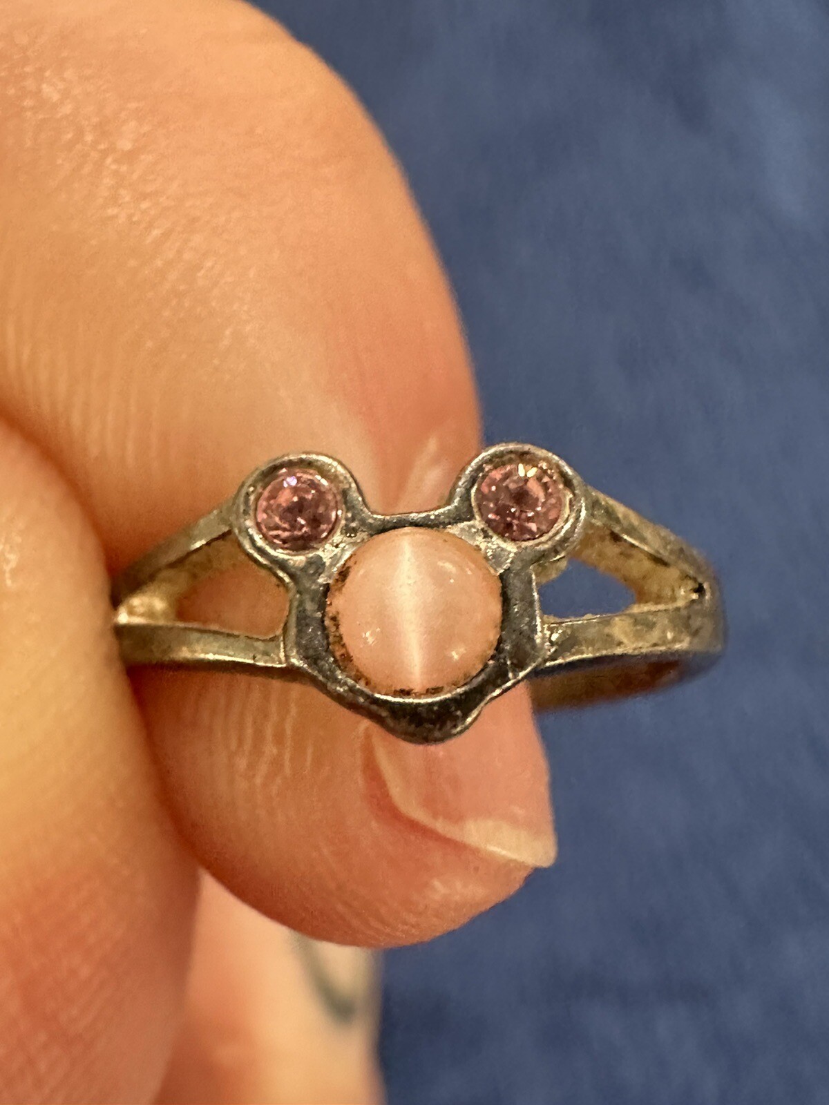 Vtg Sterling Silver 925 Adjustable Pink Crystal Mickey Toe Ring