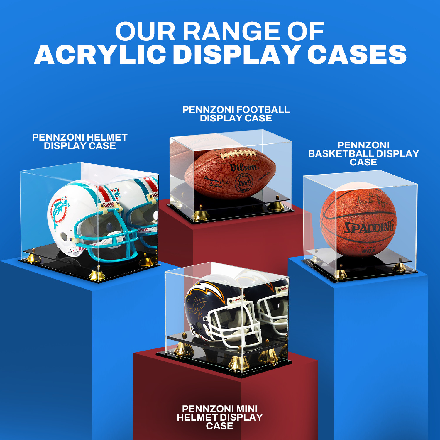 Mini Helmet Display Case Acrylic w/ Black Acrylic Base Gold Risers & Mirror Back