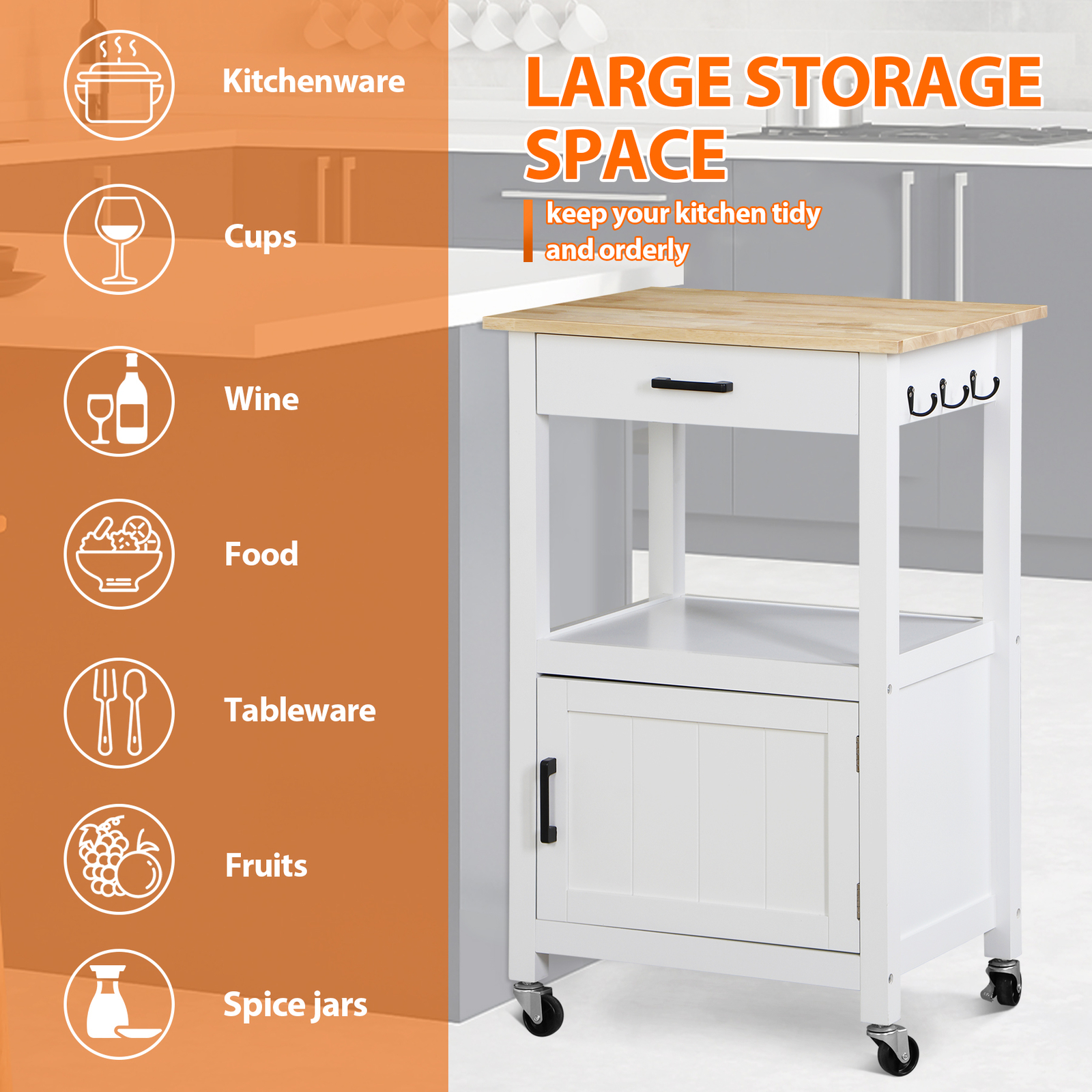 Kitchen Island Rolling Storage Trolley Dining Storage Shelf W/ 360° Wheels White