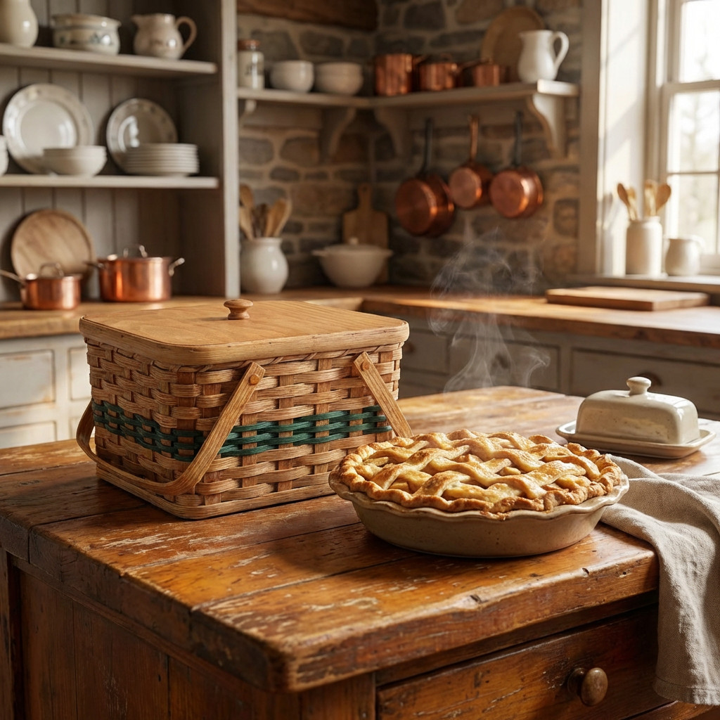 Amish Double Pie Carrier Basket With Solid Oak Bottom, Tray, Lid, and Handles