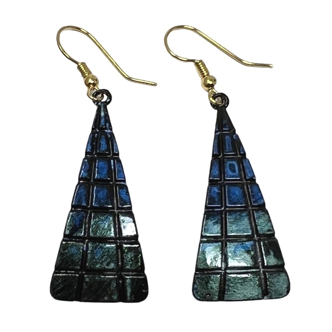 Enamel Dangle Pierced Earrings Blue Green Metal Drop