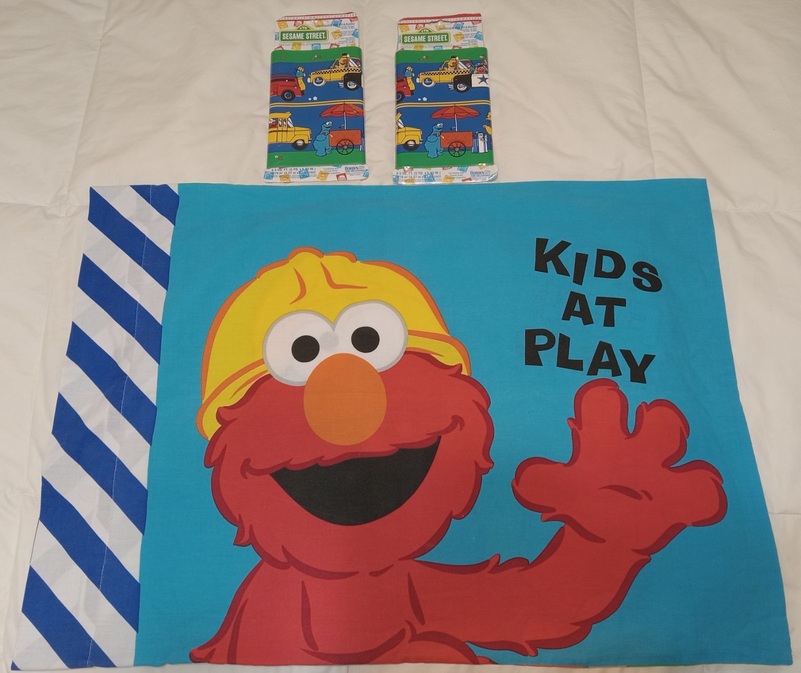 1990 Sesame Street Pillowcase Elmo Cookie+2 New Packs Self Stick Border Vehicle