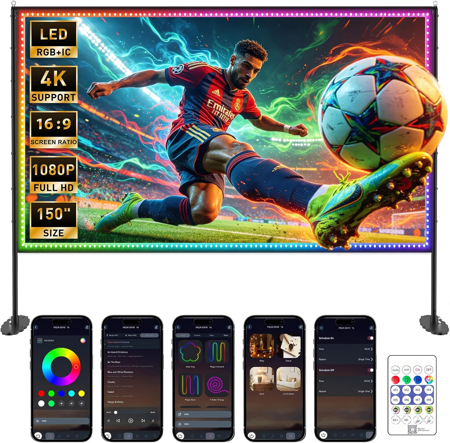 150 inch Projector Screen with Stand, USB String Lights Connection 16:9 4K HD Po