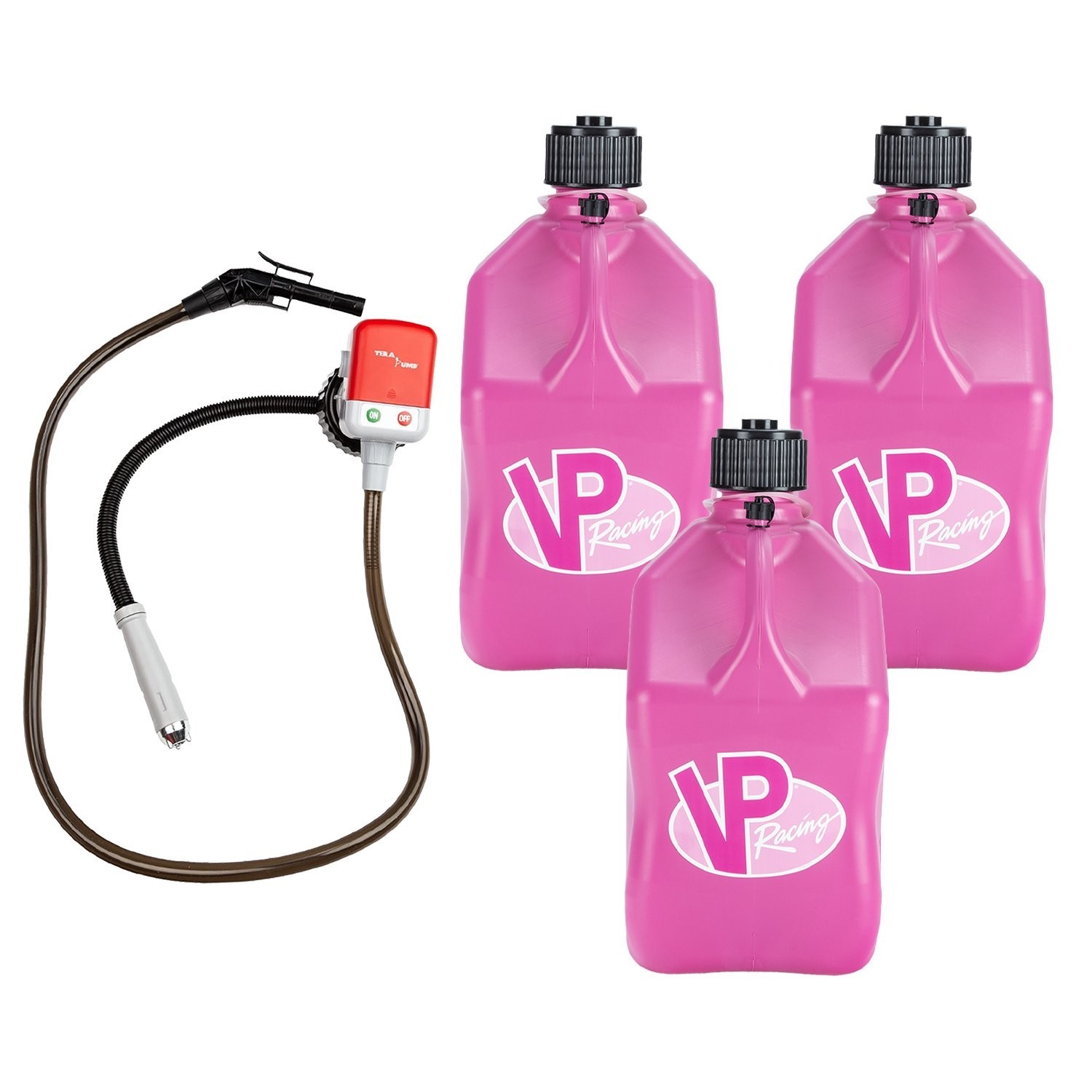 VP Racing 3812-CA, 5.5-Gal. Pink Jug(3PK) w/Battery Powered Fuel pump(1PK)