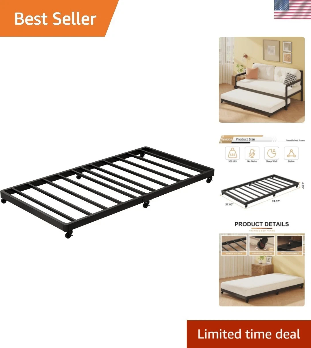 Trundle Bed Twin with 6 Lockable Casters, Roll Out Twin Trundle Bed Frame wit...