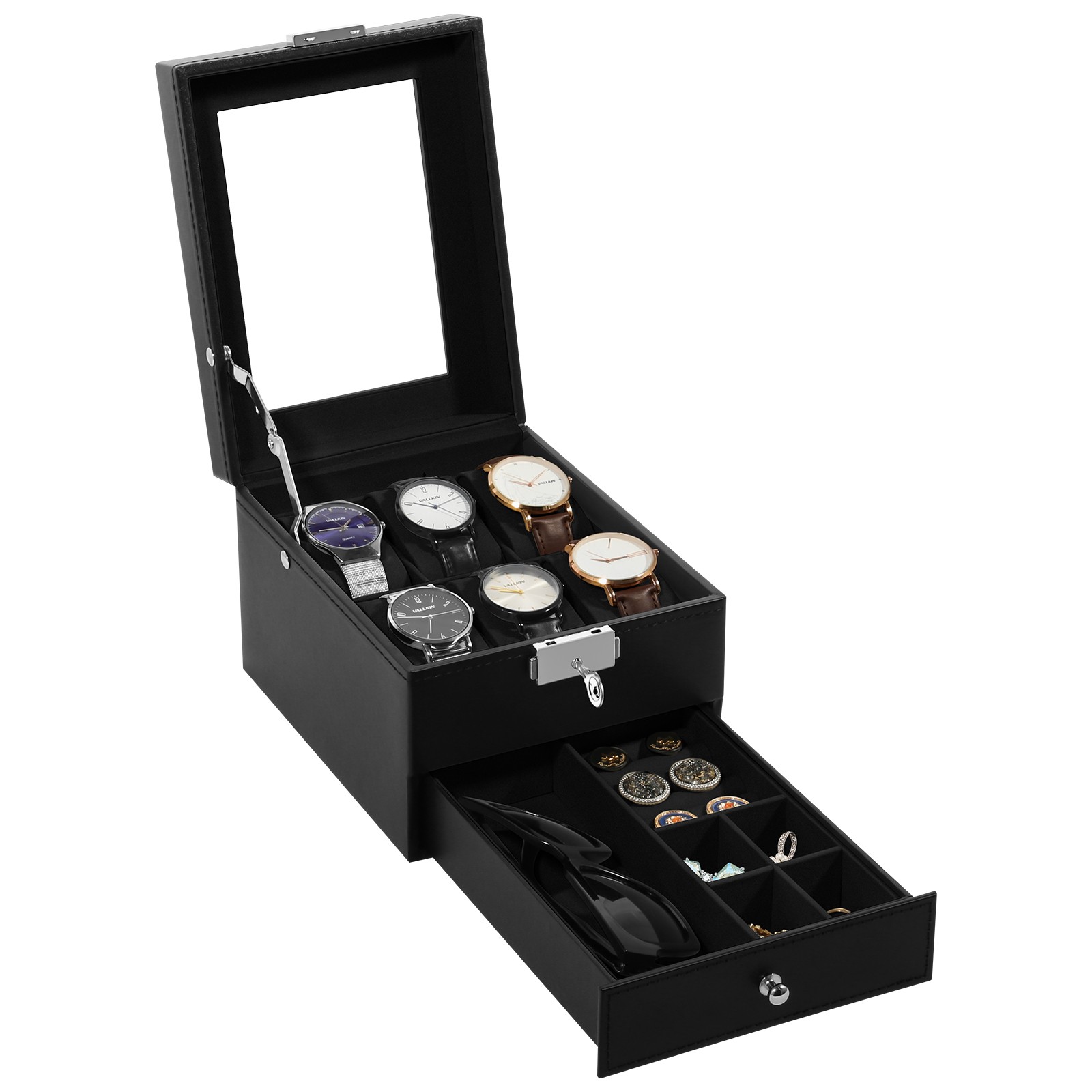 6 Slots Watch Box PU Leather Watch Case Jewelry Storage Glass Lid Display Case