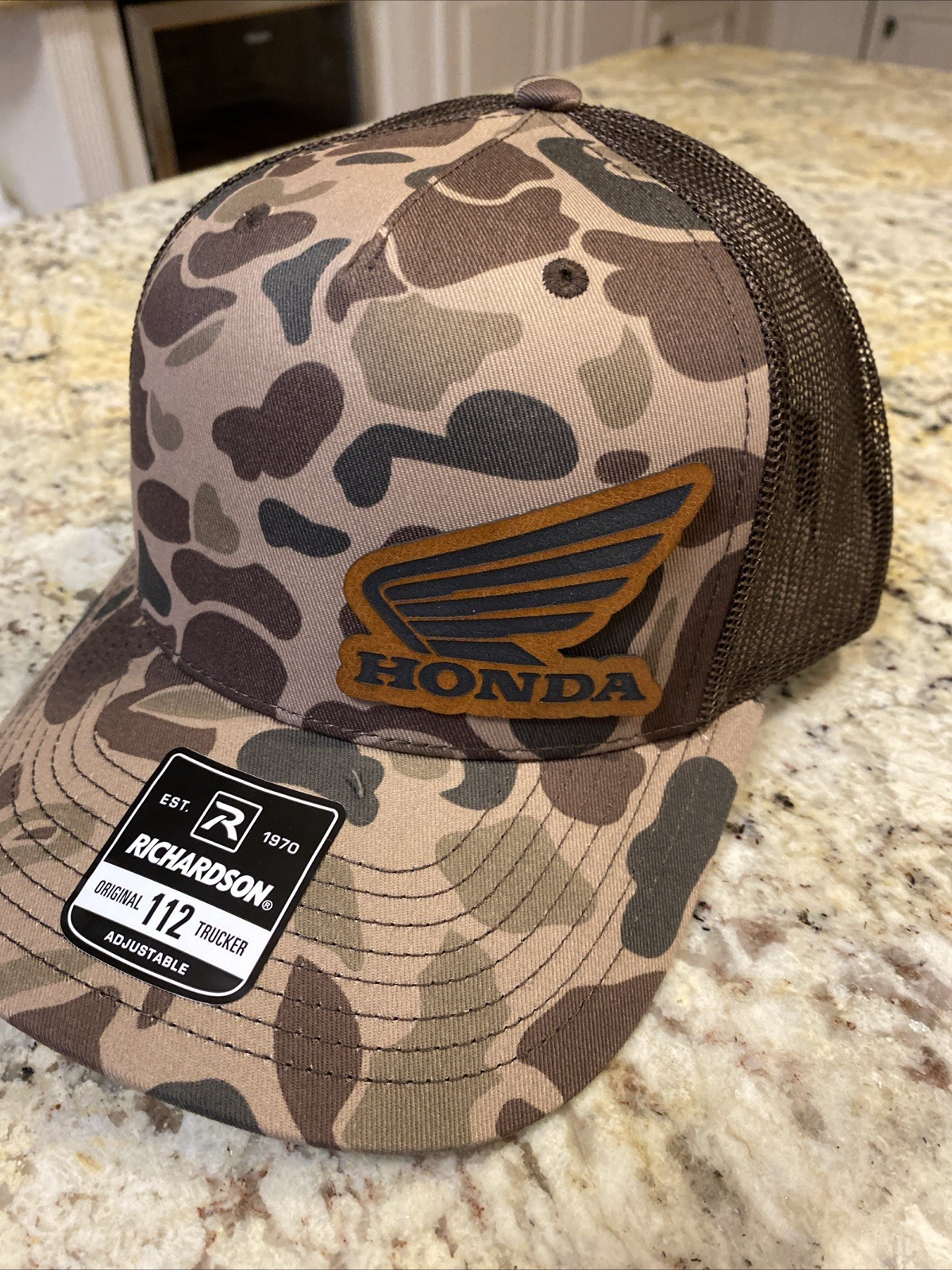 Honda Sports Atv  Biker Leatherette patch on Duck Camo Richardson 112 Hat