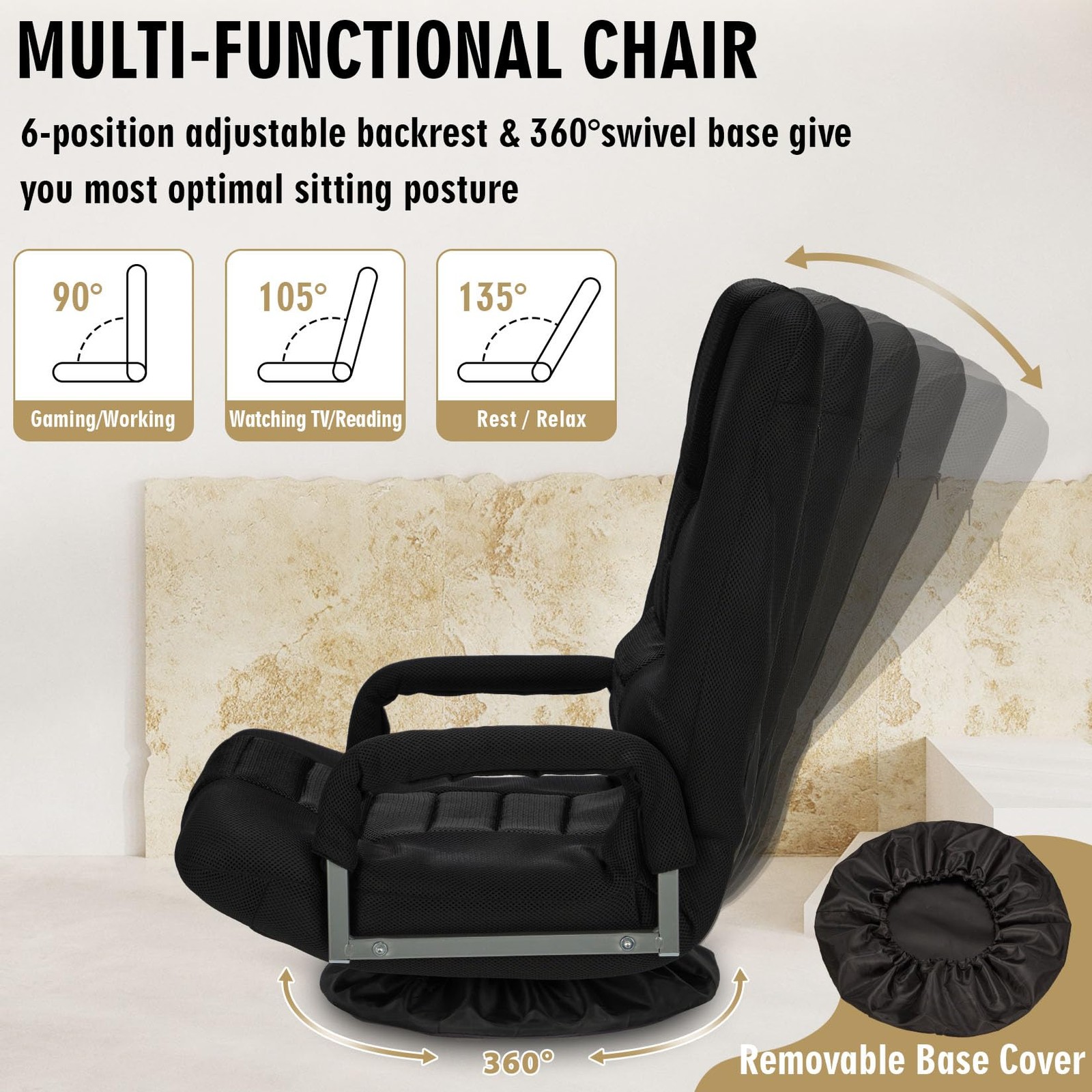 Swivel Floor Gaming Chair W/armrests Folding Video Reclining Sofa W/6 Adjustable