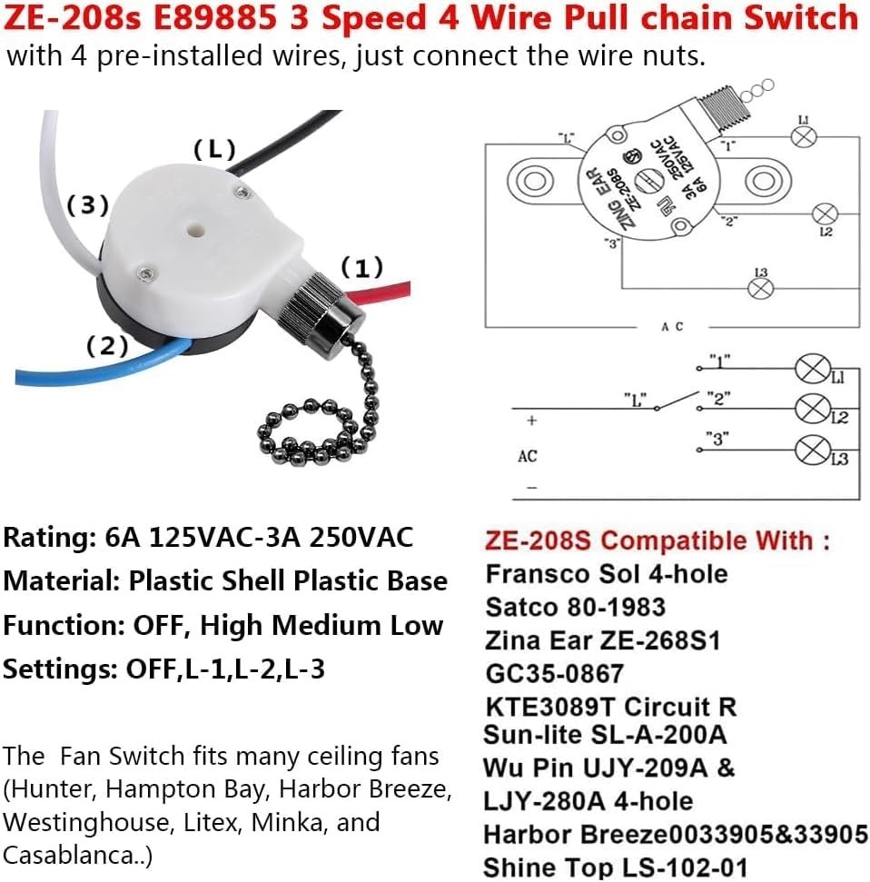 Durable 3-Speed Ceiling Fan Switch - E89885 4-Wire Pull Chain with Easy Install