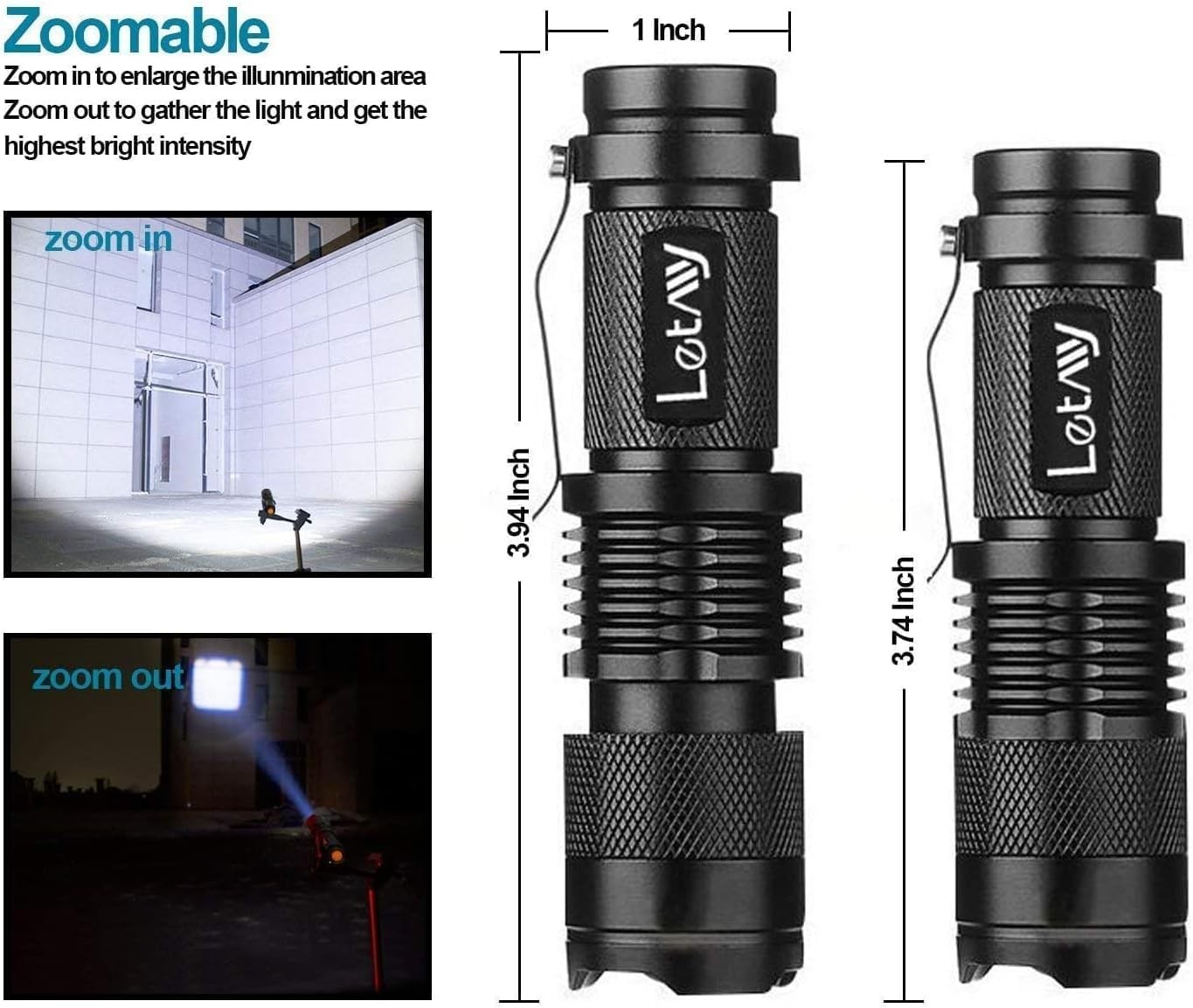 2-Pack Tactical LED Flashlights, Zoomable, 3 Modes, Waterproof, Belt Clip EDC