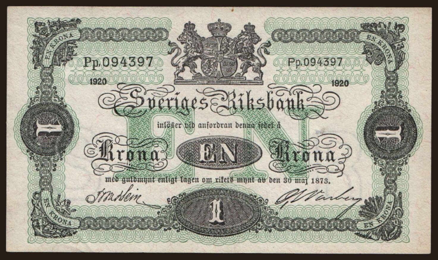 Sweden - 1920 - 1 Krona - "aUNC" #CO8132