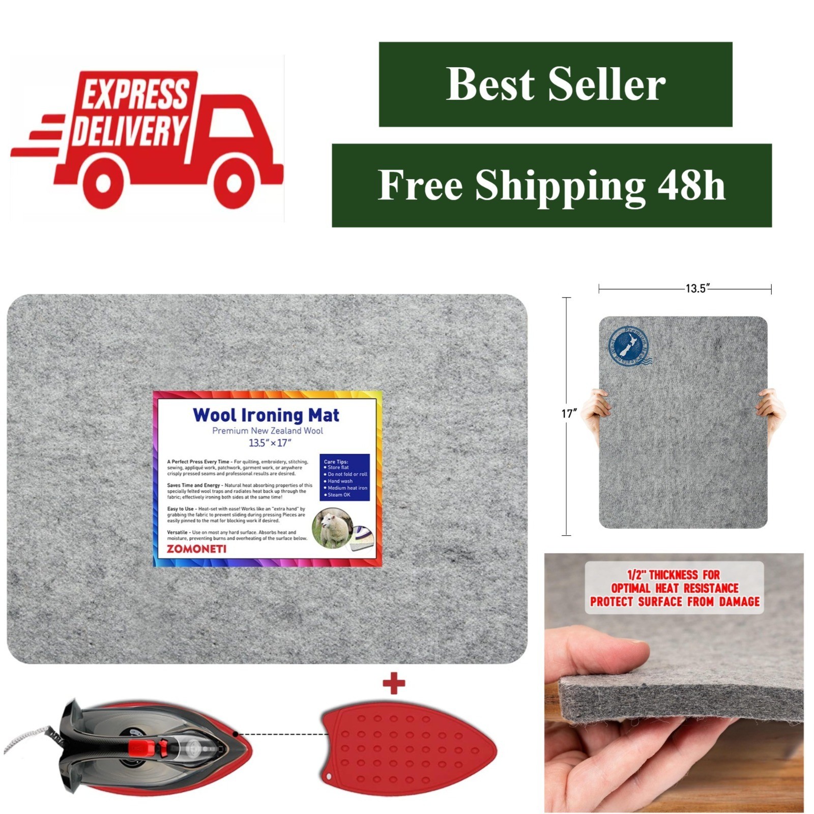 ZOMONETI 17" x 13.5" Wool Pressing Mat for Quilting & Sewing Supplies