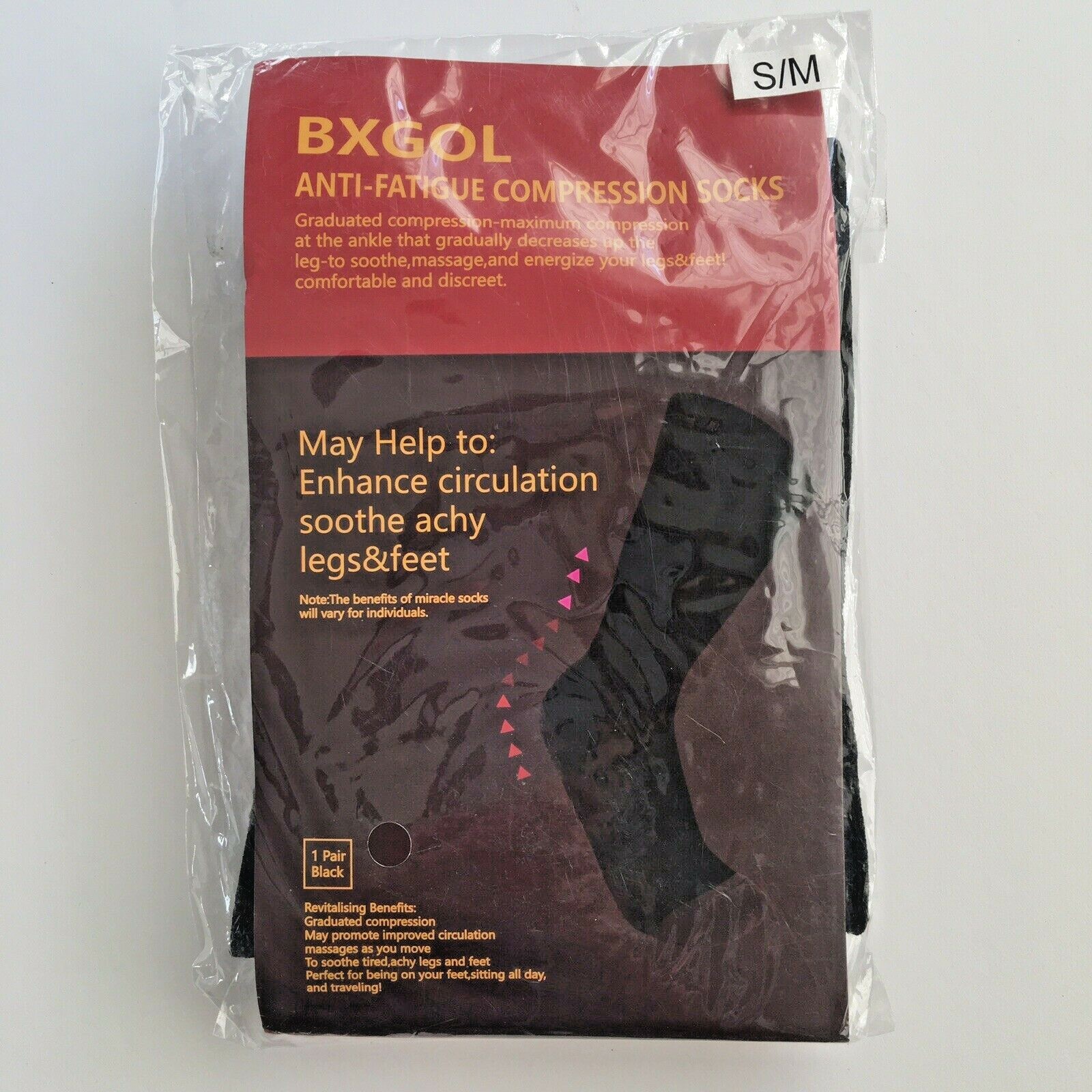 BXGOL Graduated Compression Socks One Pair Black Size S/M Unisex NEW
