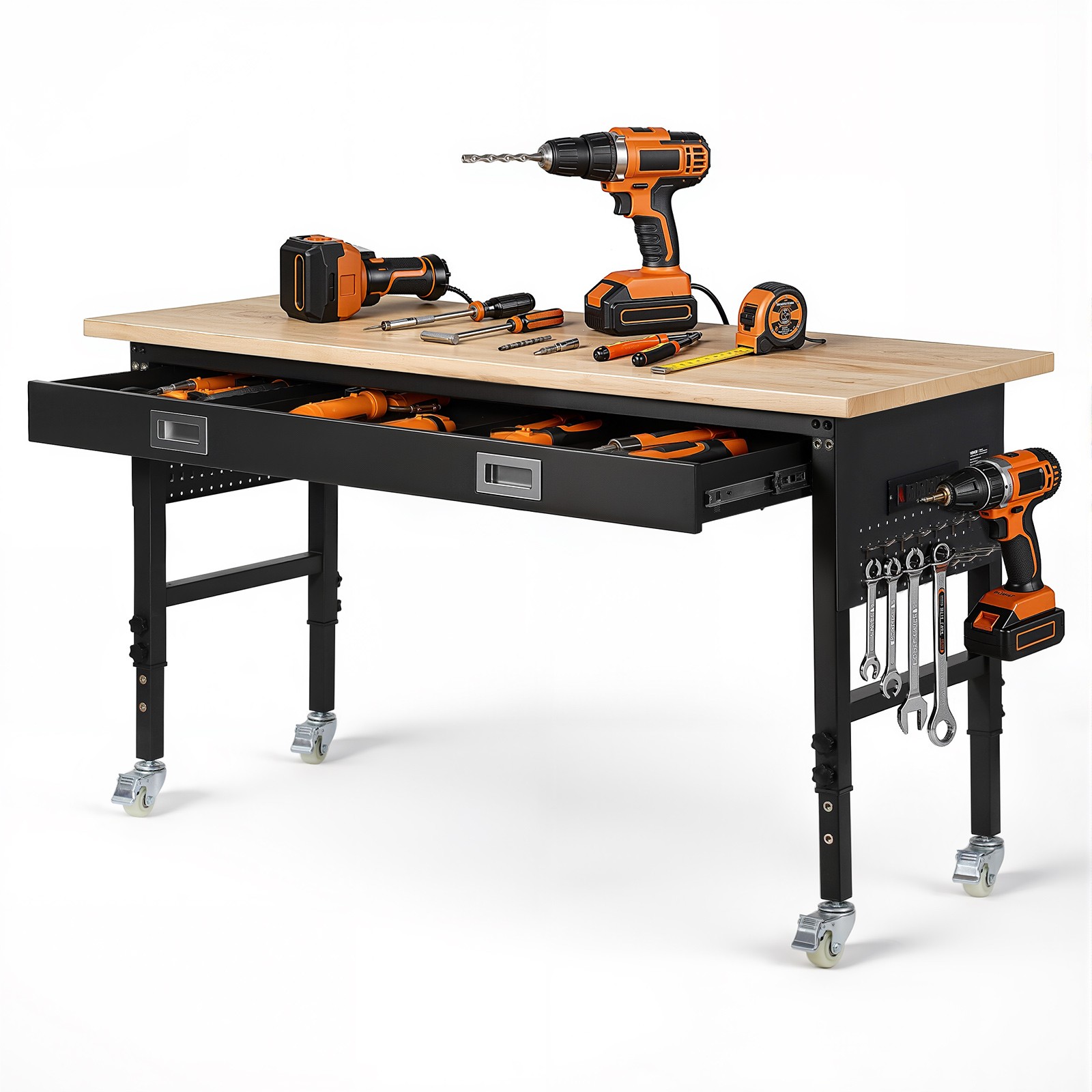 VEVOR 60-inch Adjustable Workbench Wood Work Table with Power Outlet & Drawer