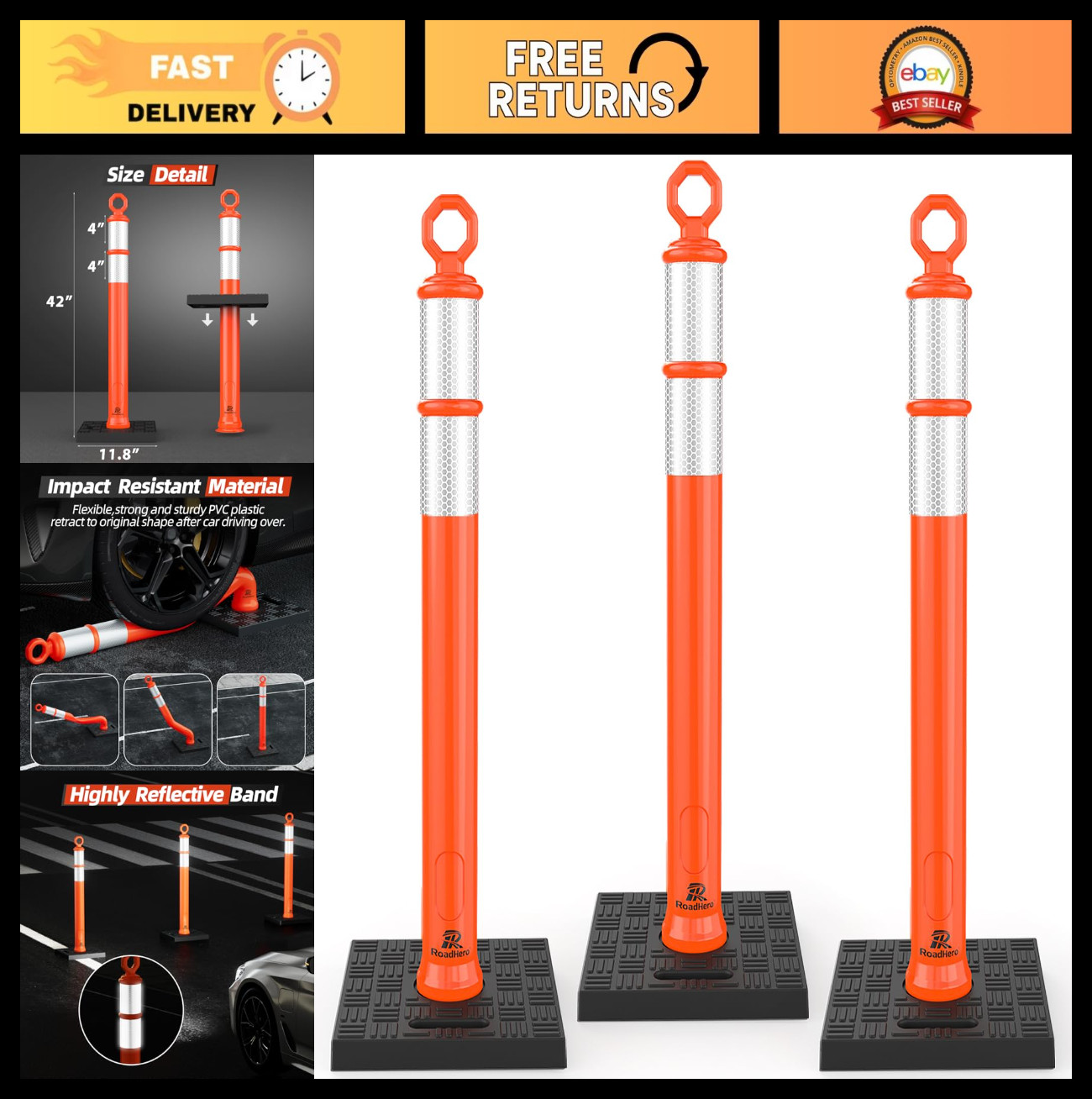 Portable 42" Traffic Delineator Posts with Reflective Collars - 3 Pack for Road