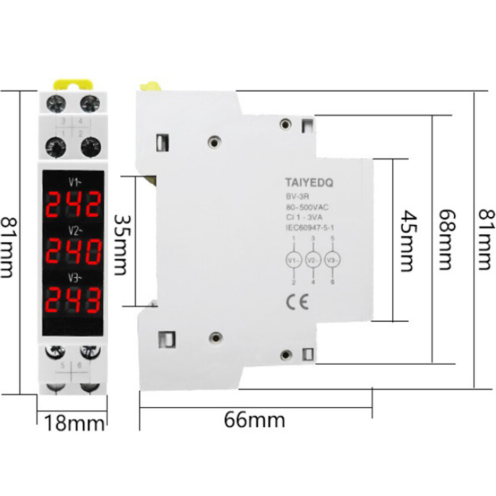 Three-Display Voltmeter Din Rail Three Phase Modular Voltage Meter AC80-500V 1VA