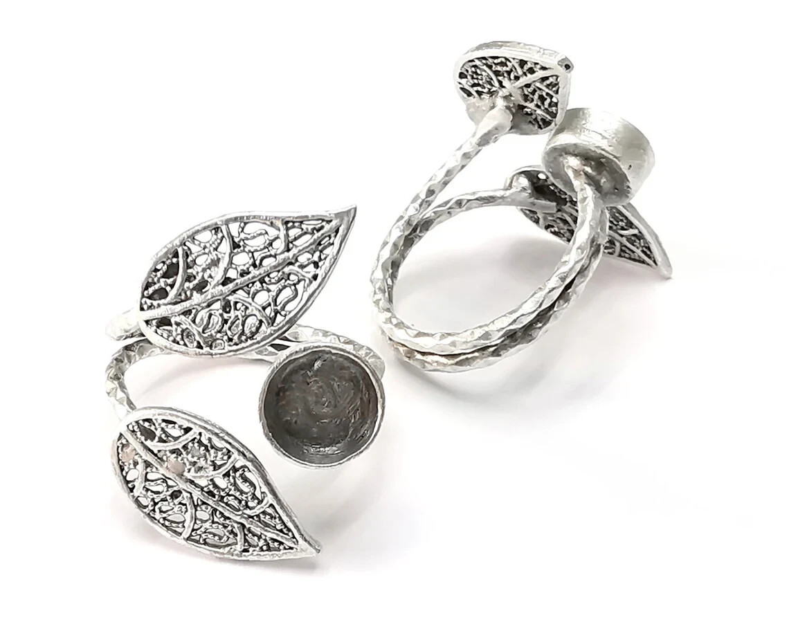 Leaf Ring Setting Blank Cabochon Mounting Adjustable Base Bezel Antique Silver