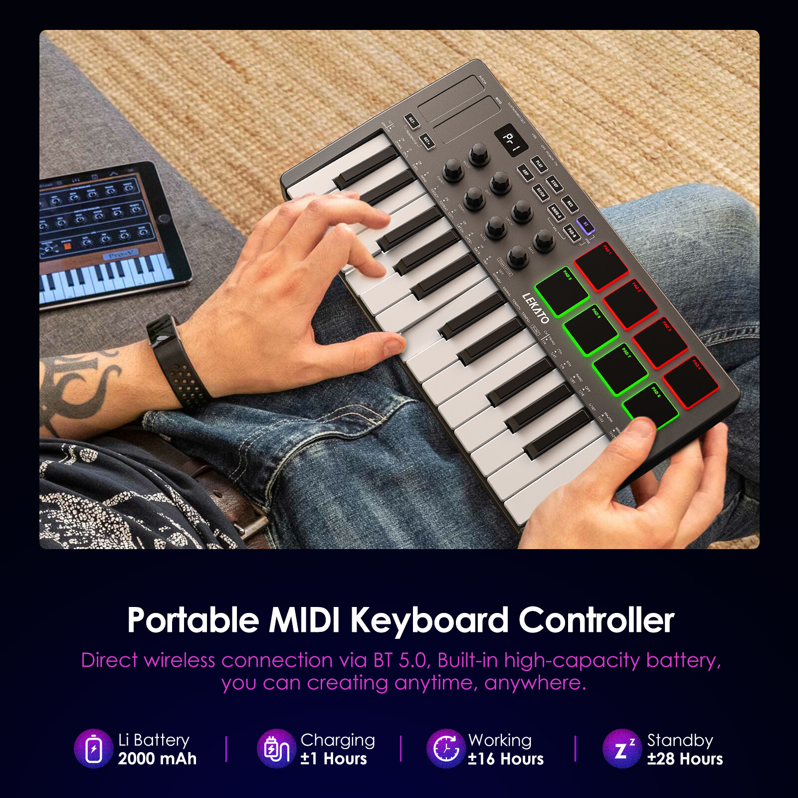 LEKATO 25 Key MIDI Keyboard with Smart Scale & Chord Mode Bluetooth Controller