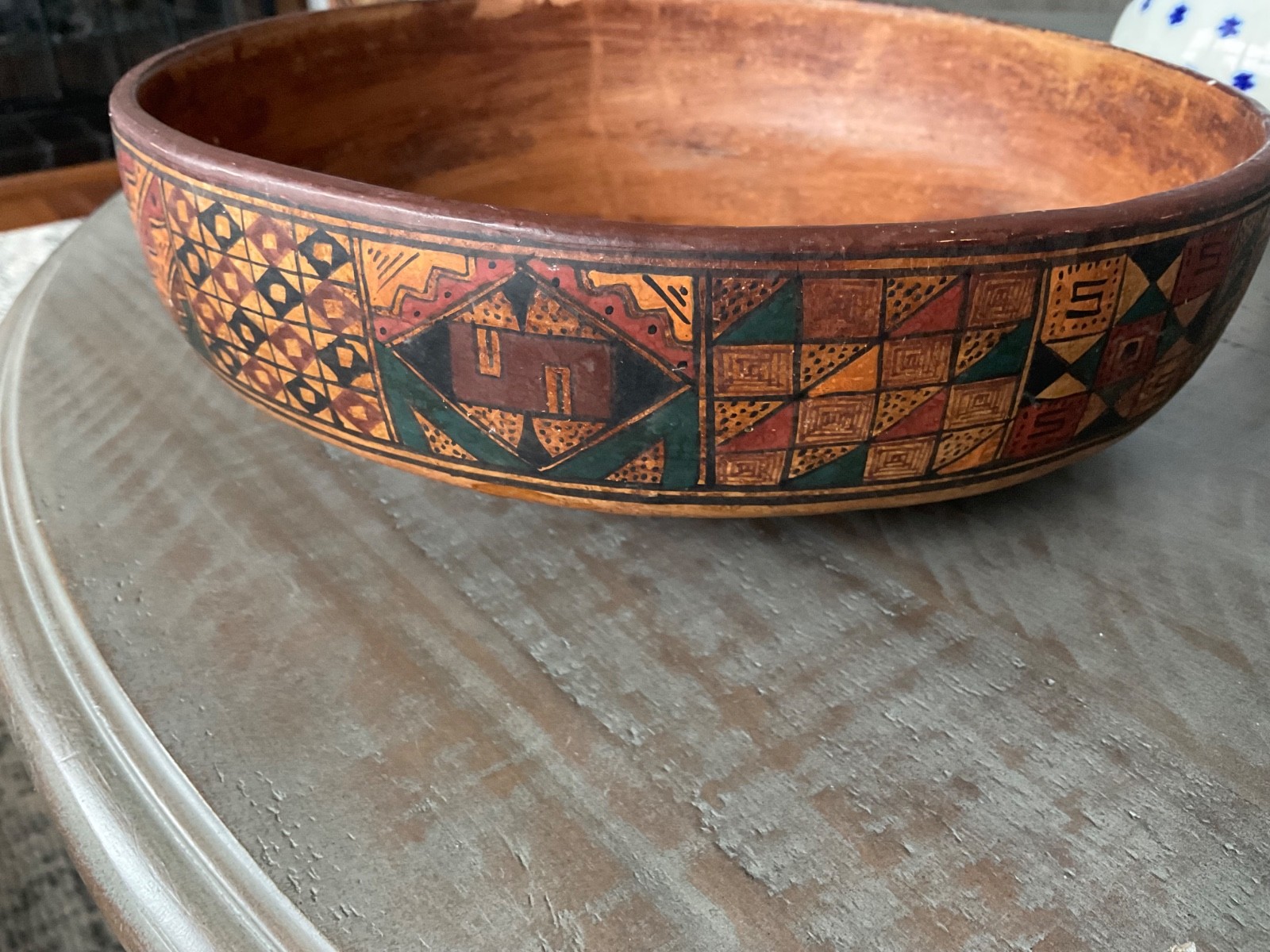 Large 10” Intricate Hand Painted Peruvian Ceramic Red Clay Bowl