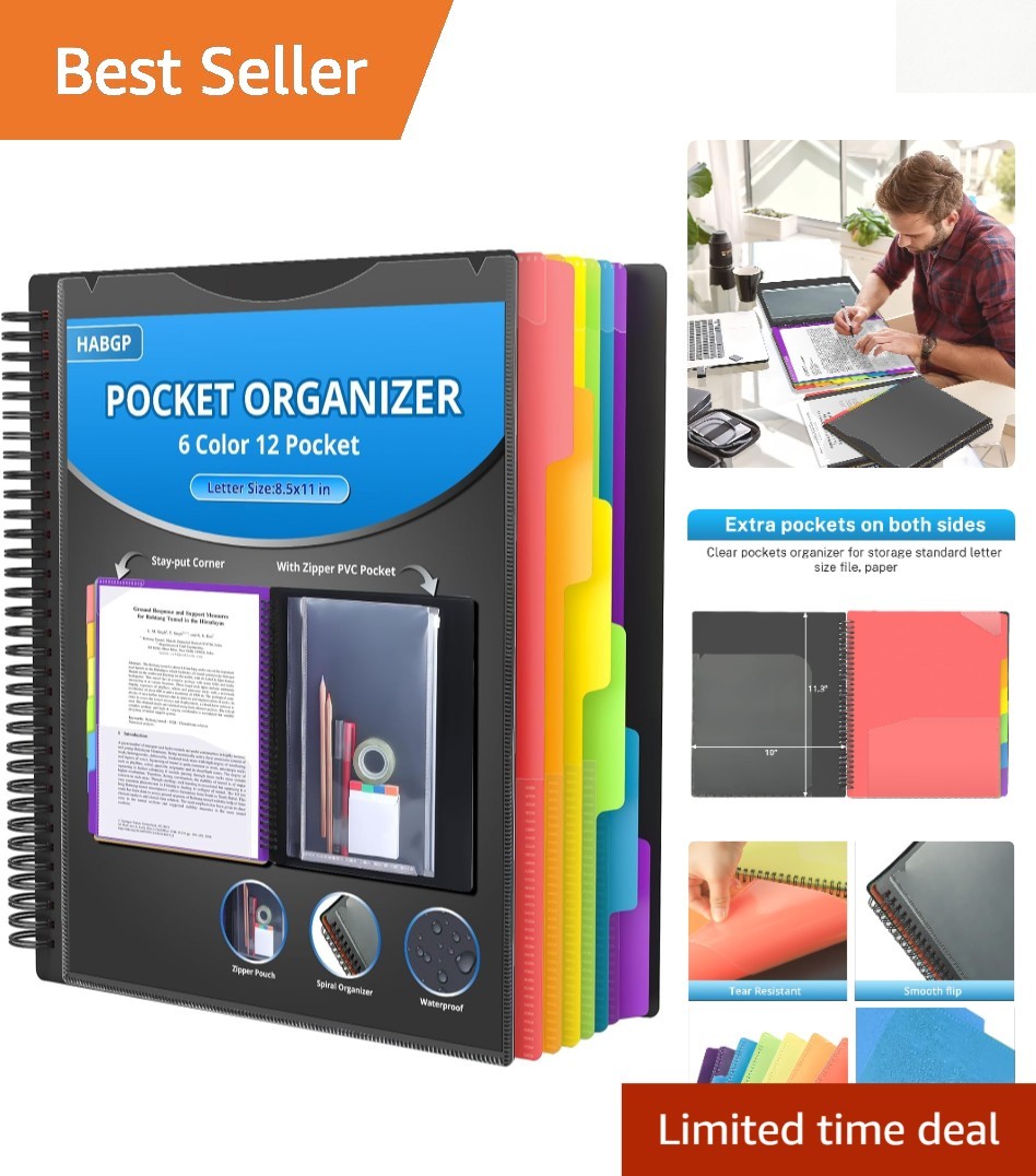 Colorful 12 Pocket Plastic File Binders with Dividers for Easy Document Sorting
