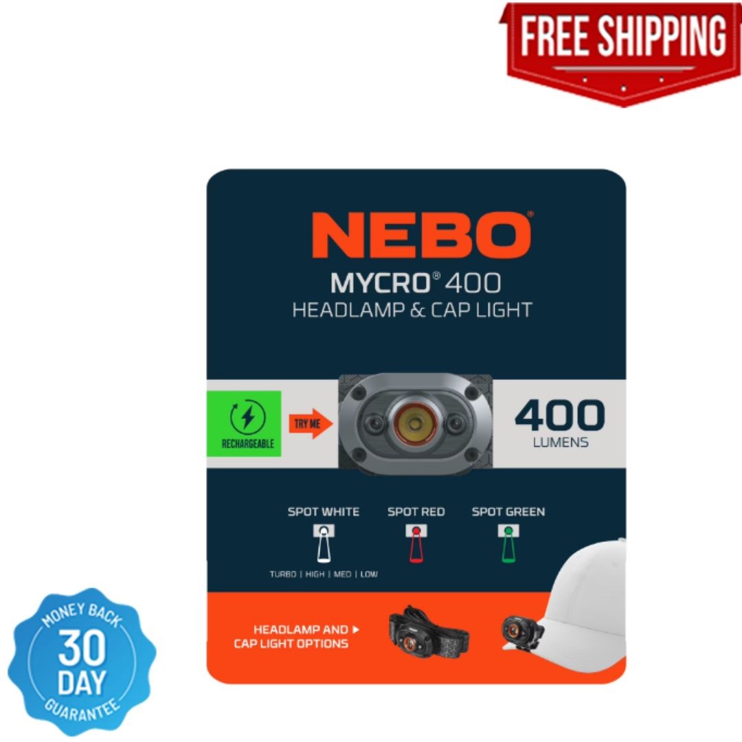 NEBO Mycro 400 Lumen LED Black Rechargeable Headlamp and Cap Light