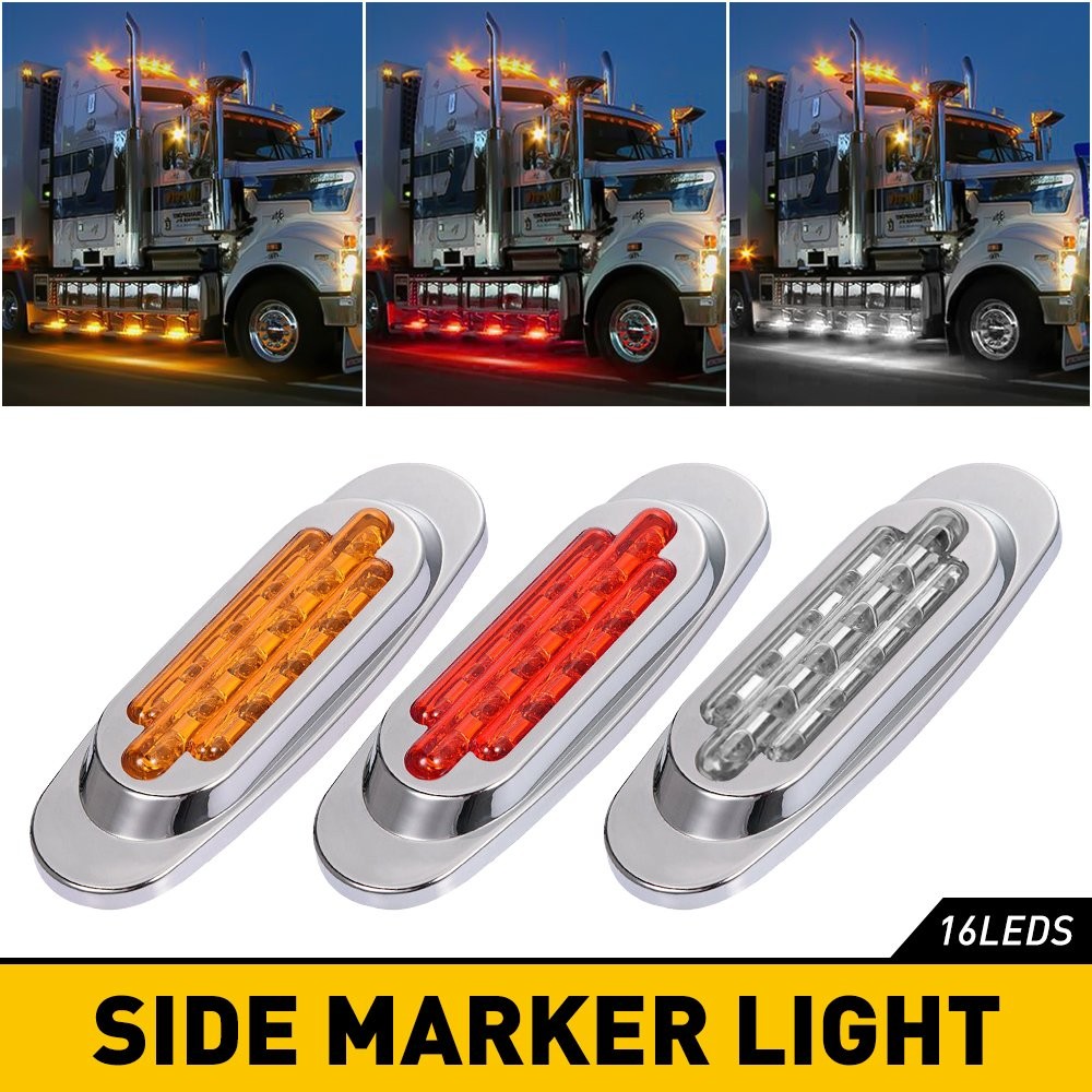 16-LED Truck Trailer Side Marker Clearance Lights Chrome Yellow/Red Oval 12V 24V