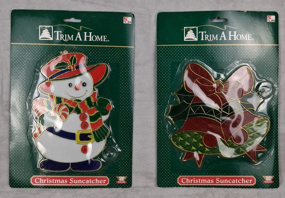 VTG Retro Kmart Trim a Home 2 Christmas Suncatchers Snowman and Bells NOS