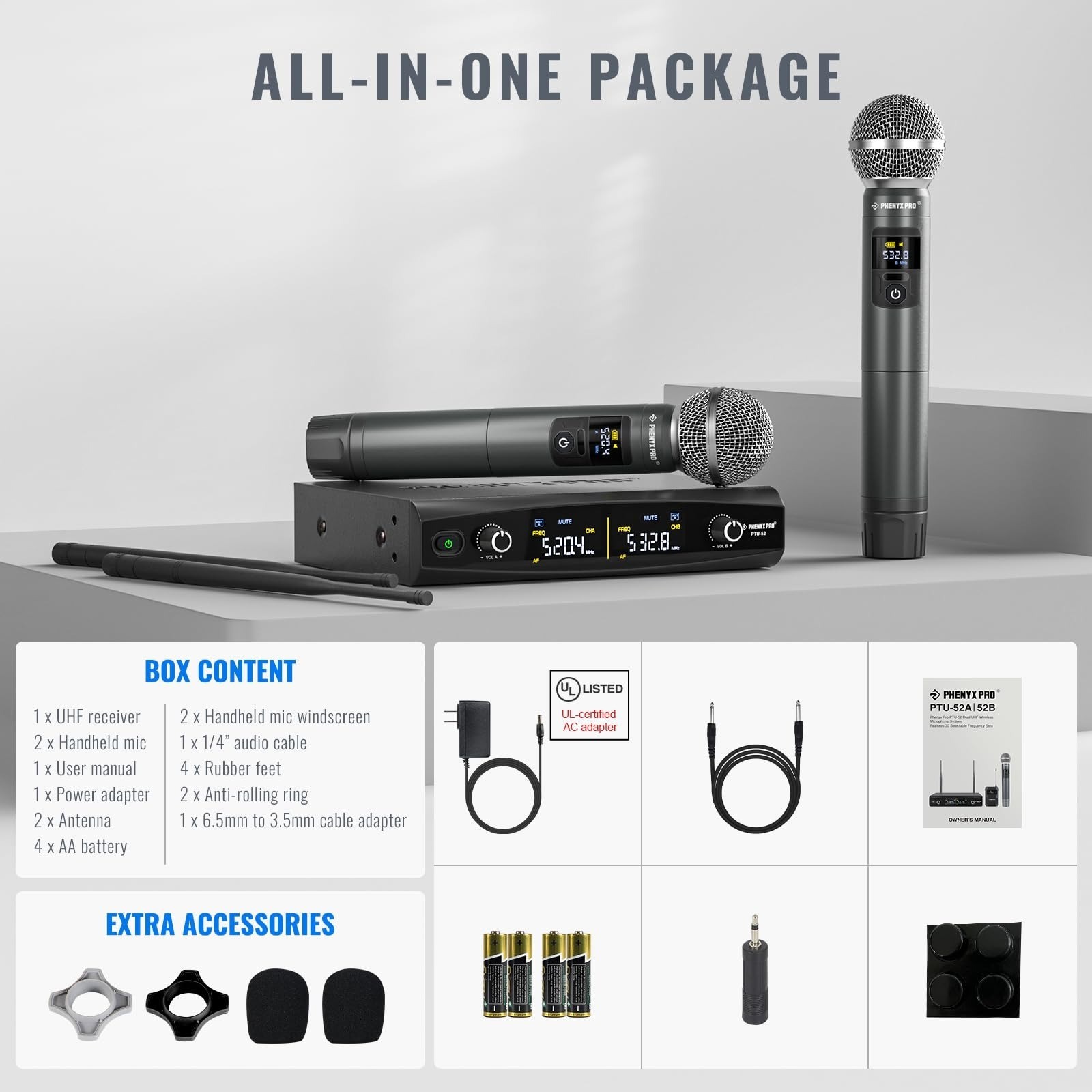 Phenyx Pro Dual UHF Wireless Microphone System PTU-52-2H - 200 ft Range