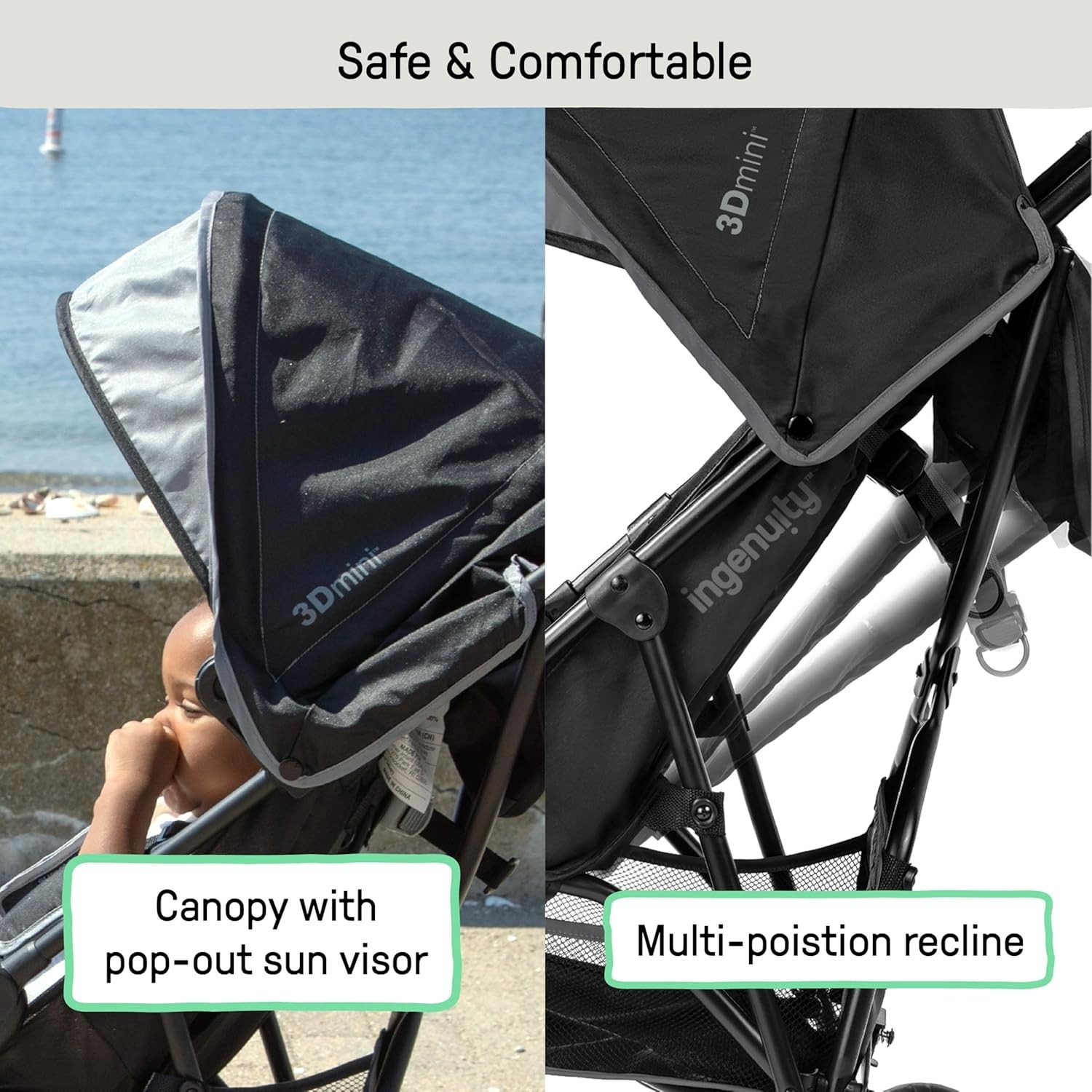 3D Mini Gray Stroller - Lightweight, Multi-Position Recline