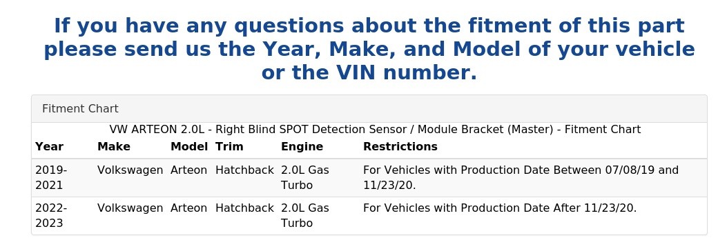 VW ARTEON 2.0L - Right Blind SPOT Detection Sensor / Module Bracket (Master)