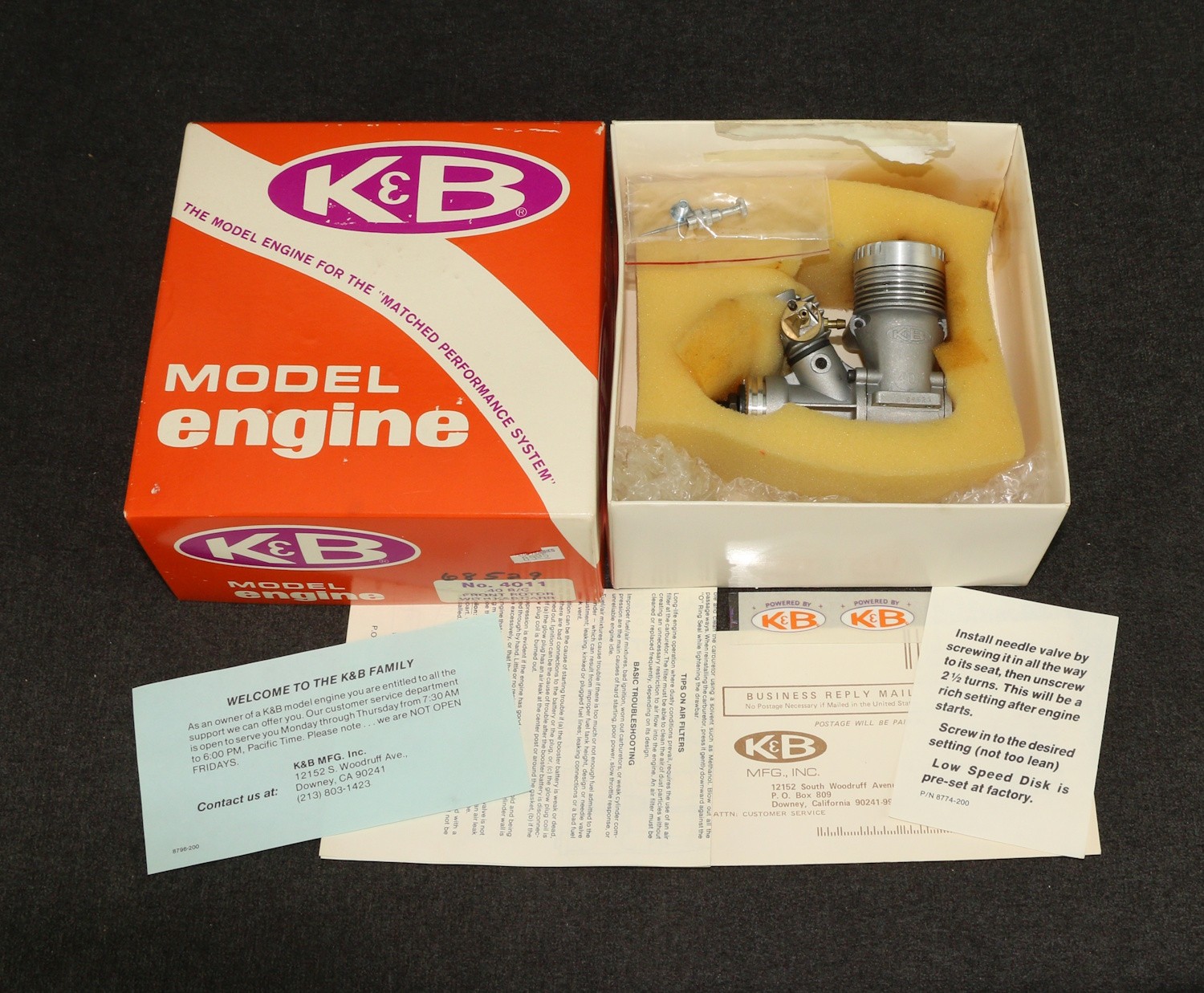 CL Model Airplane Engine K&B 40 No. 4011 Front Rotor +K&B Carb Bxd