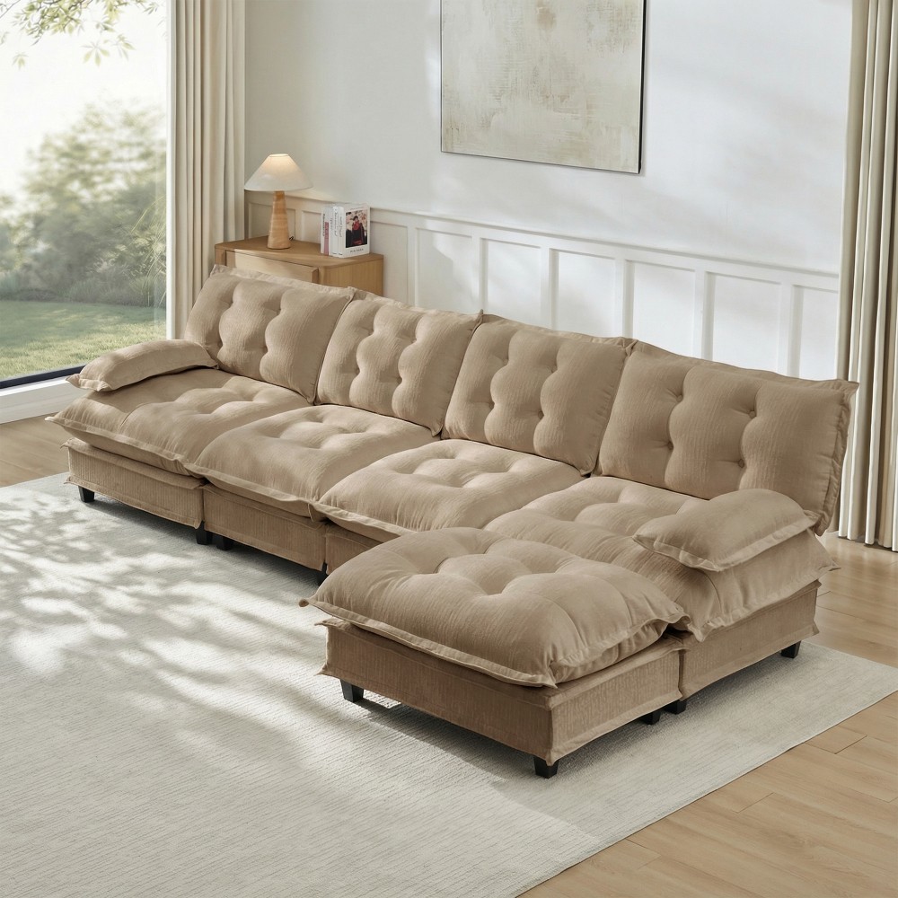 4 Seat L Shaped Sectional Sofa with Ottoman, Chenille Cloud Couch