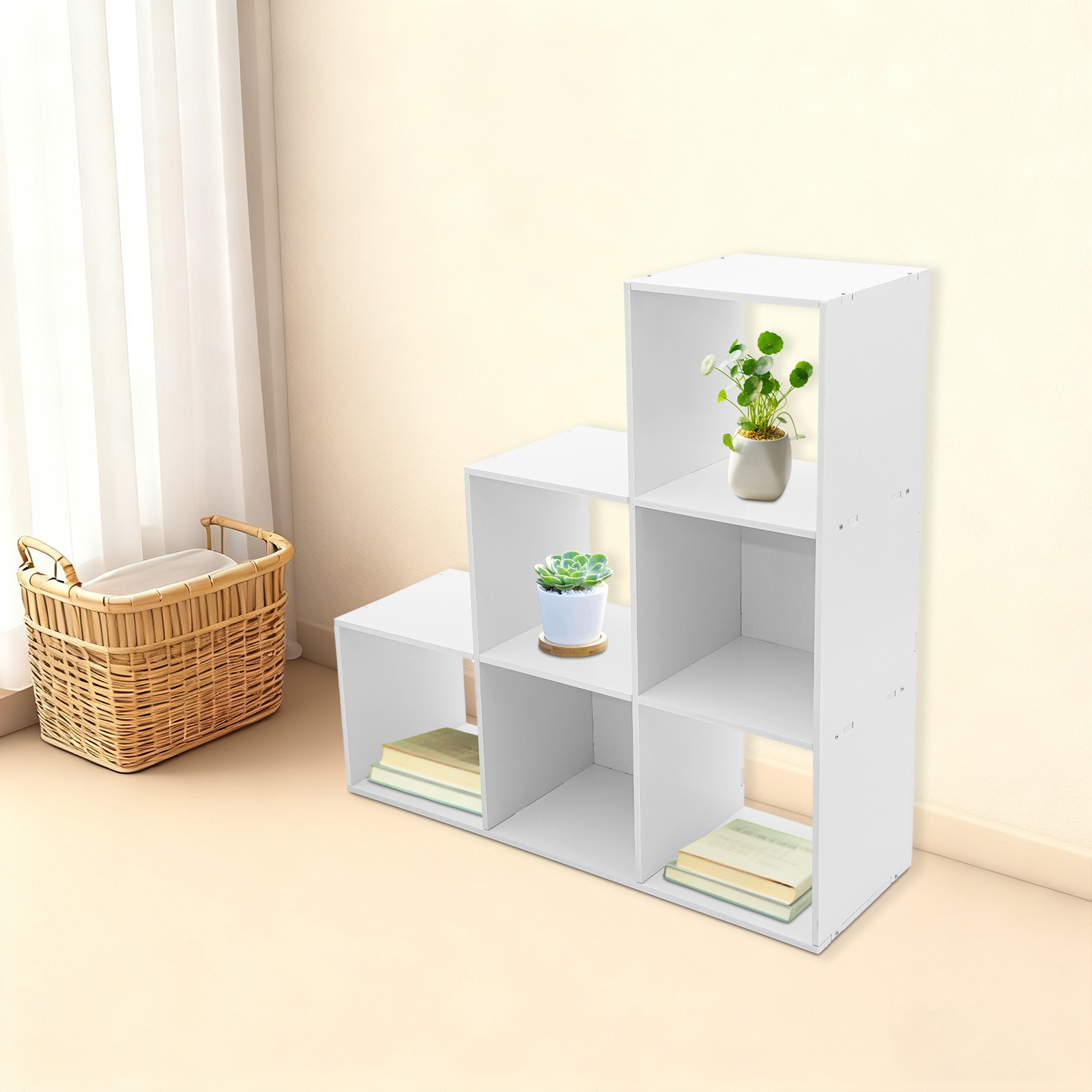 L-Shaped Storage Bookcase 6-cube Stepped Corner Shelf Book Rack for Home/Office