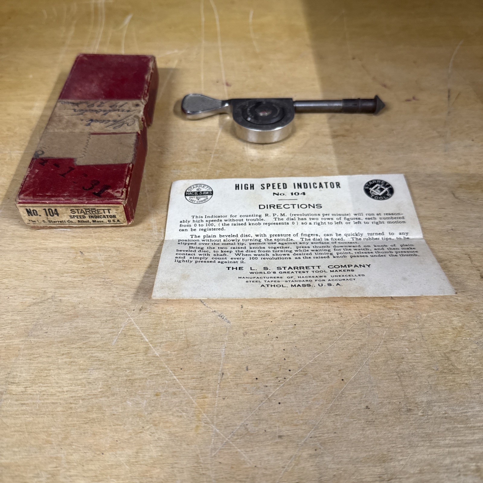 Vintage Starrett No. 104 Speed Indicator Pre-Owned Original Box & 1 Tip