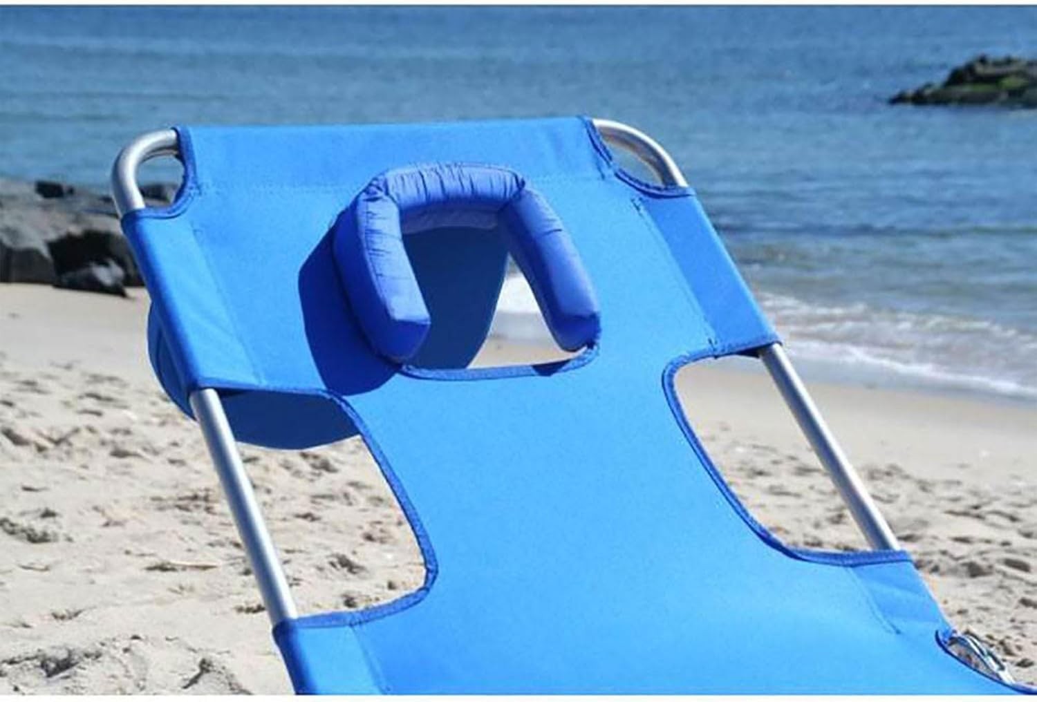 Folding Beach Lounge Chair Polyester Reclining Outdoor Chaise with Pillows