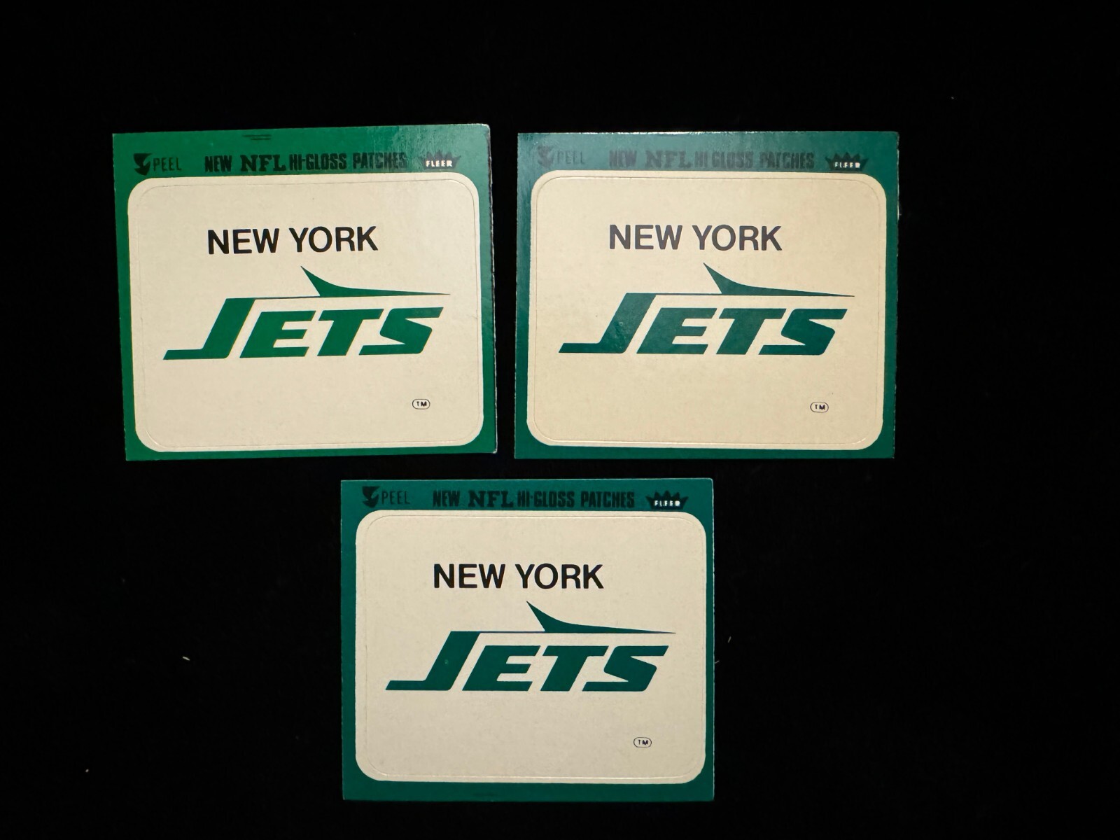 1978 Fleer NEW YORK JETS logo sticker lot (3) w/two variations Ex+/Nrmt!