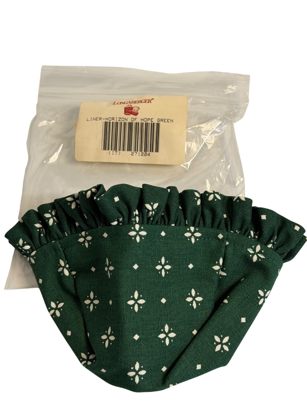 NIP Longaberger Basket Liner Horizon of Hope Green White Ruffle Fabric Retired