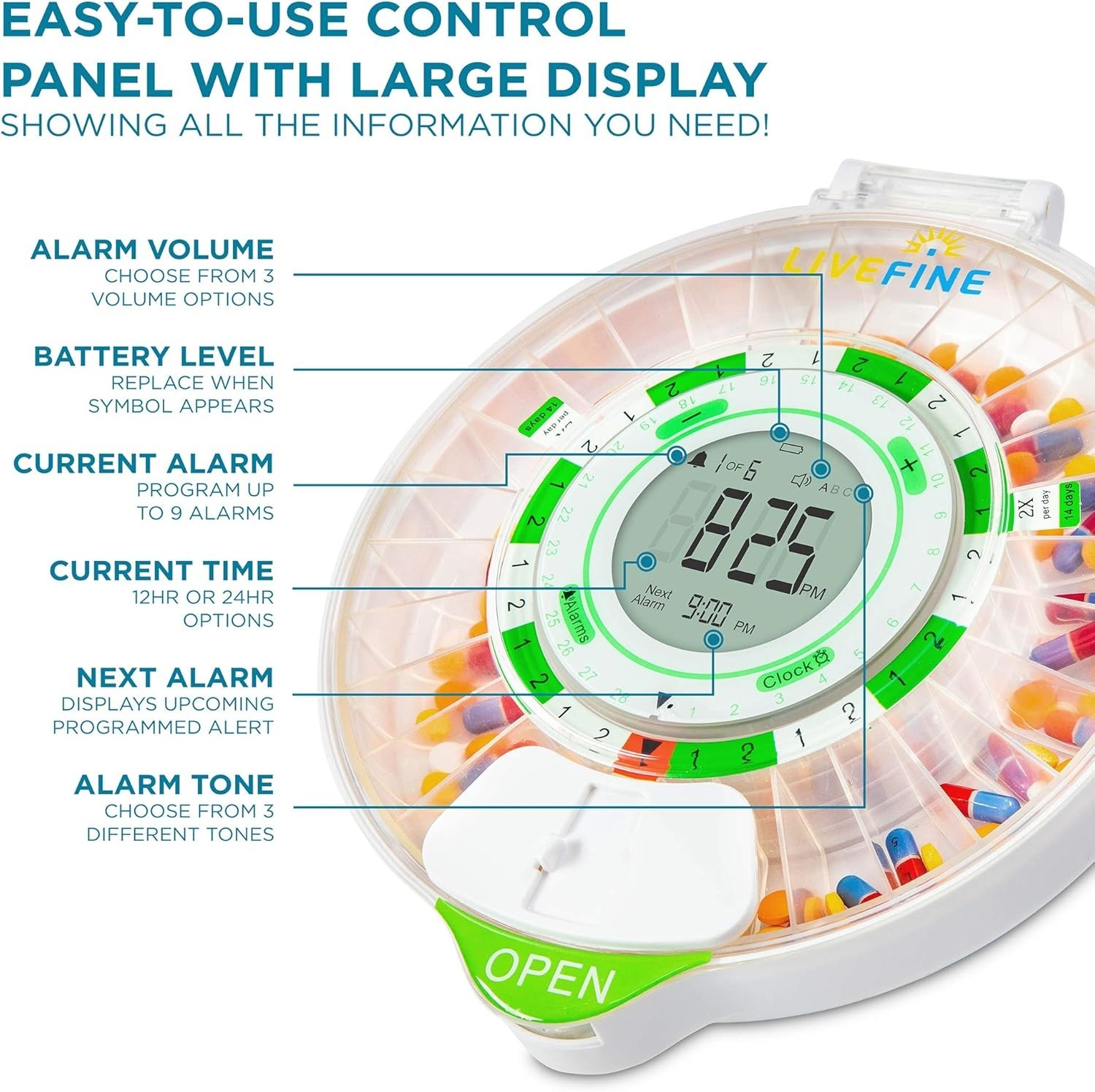 Automatic 28-Day Medication Organizer with Adjustable Sound and Visual Alarms