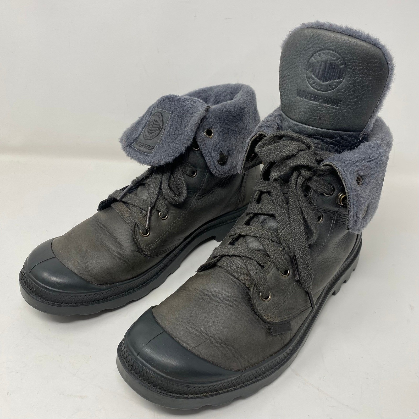 Palladium Mens 9.5 Combat Boots Grey Waterproof Leather Shearling Baggy
