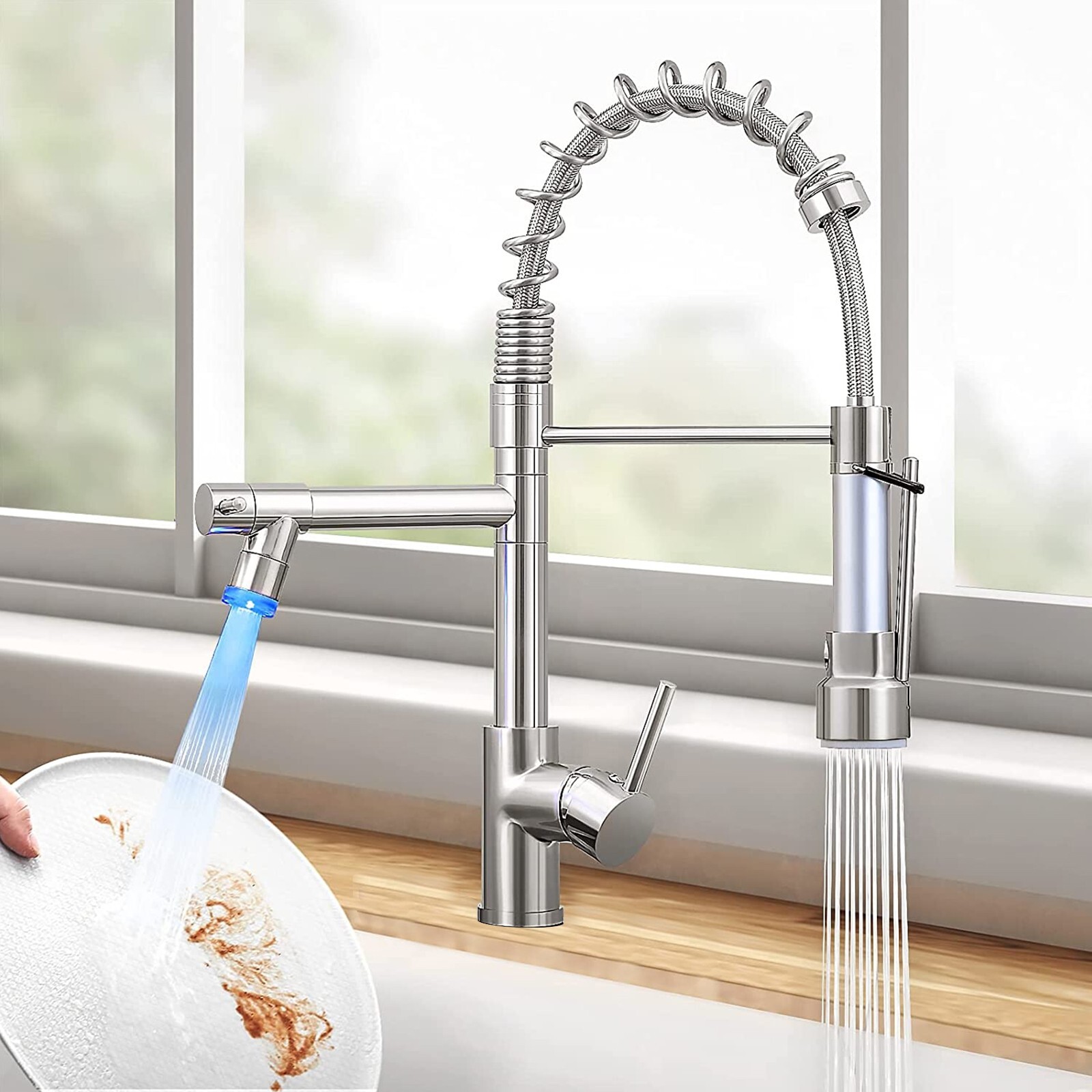 Brushed Nickel Kitchen Sink Faucet Pull Down Sprayer Swivel Single Handle Mixer
