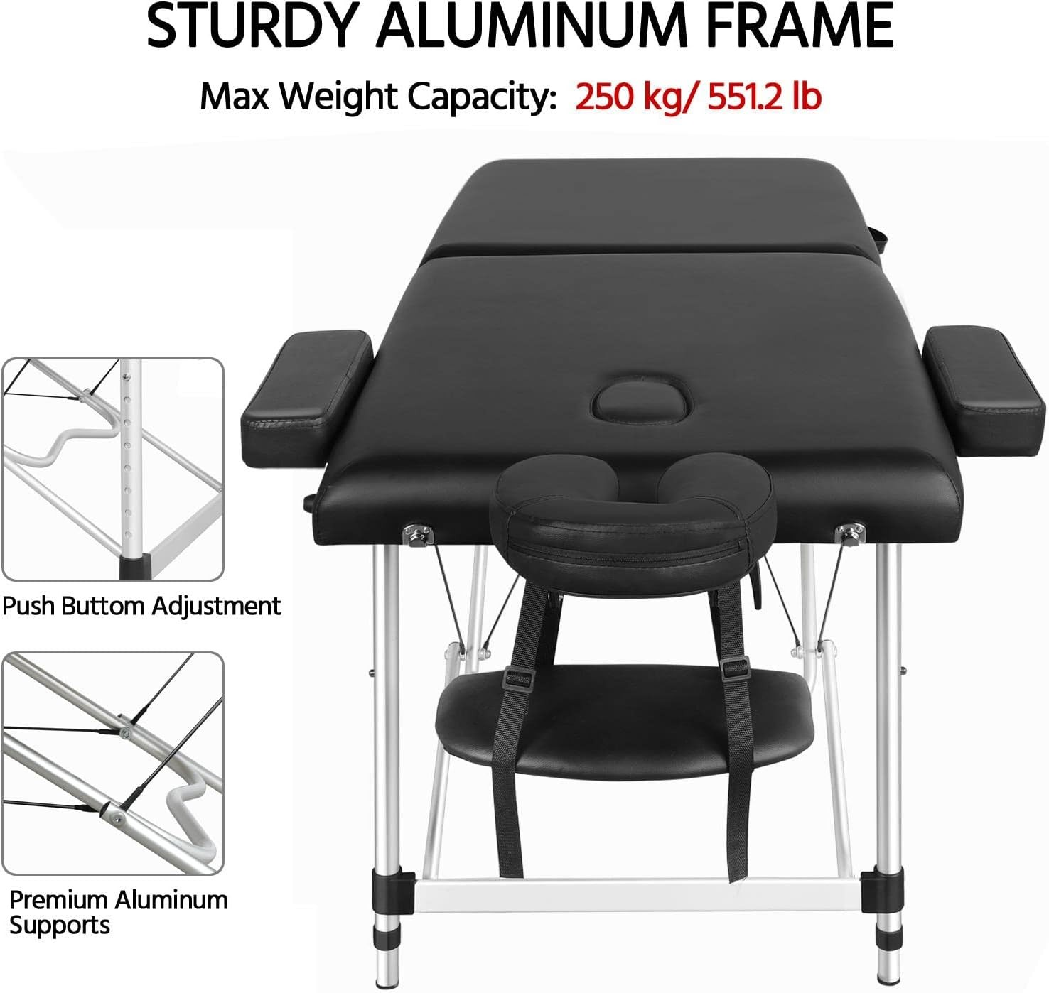 Portable Massage Table Foldable Adjustable Salon Lash Bed Black 28 in wide