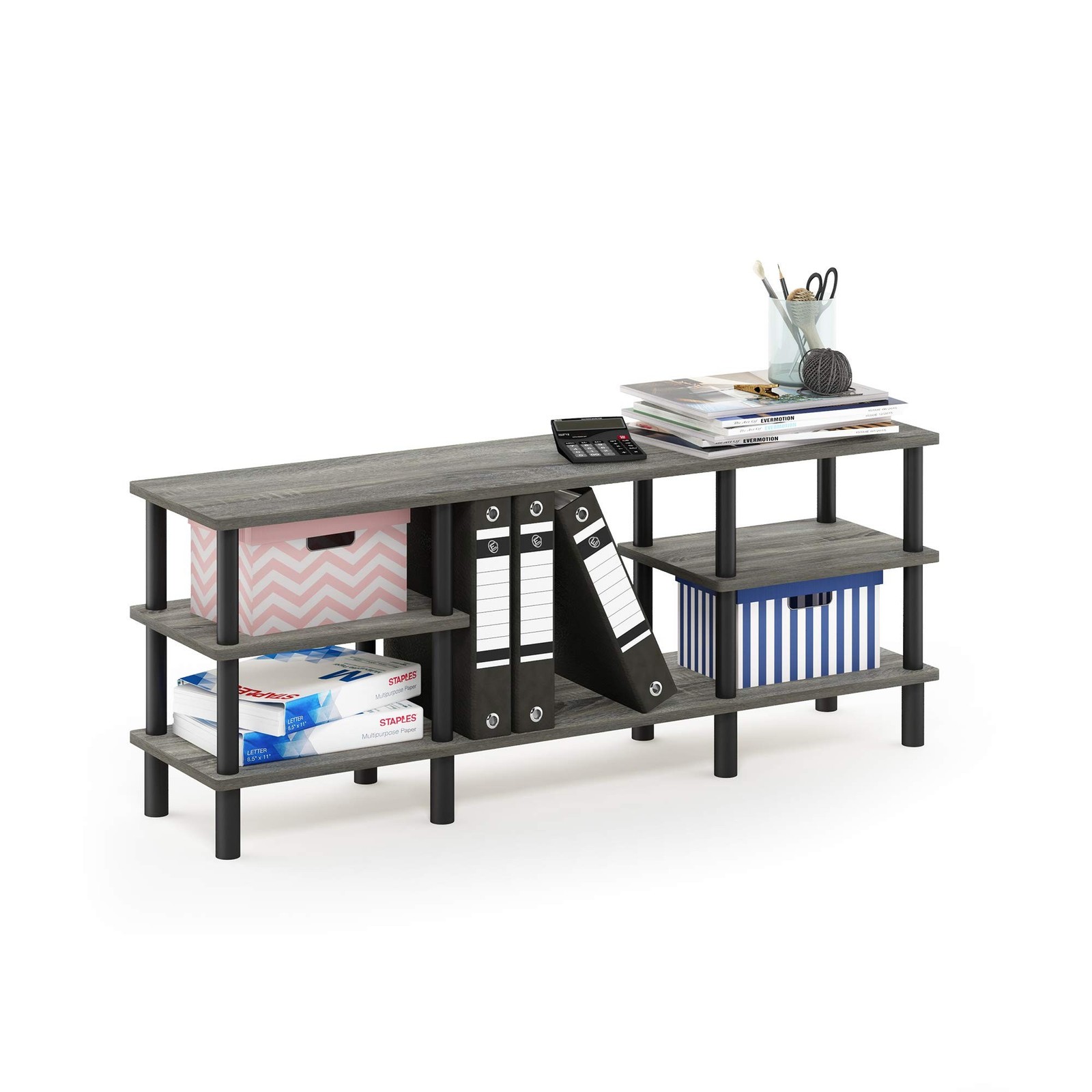 Furinno Turn-N-Tube 3-Tier Multipurpose Wide Shelf TV Stand, French Oak Grey/...