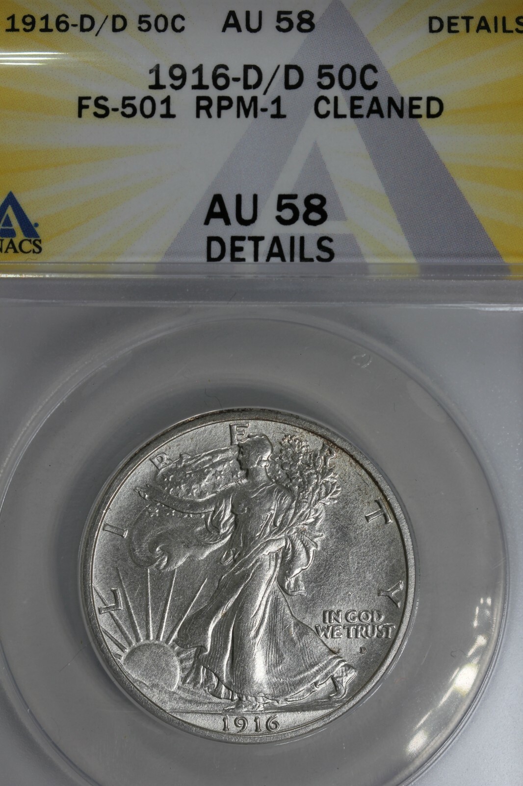 1916-D/D .50 ANACS AU 58 DETAILS FS-501 RPM-1 CLEANED  Walking Liberty