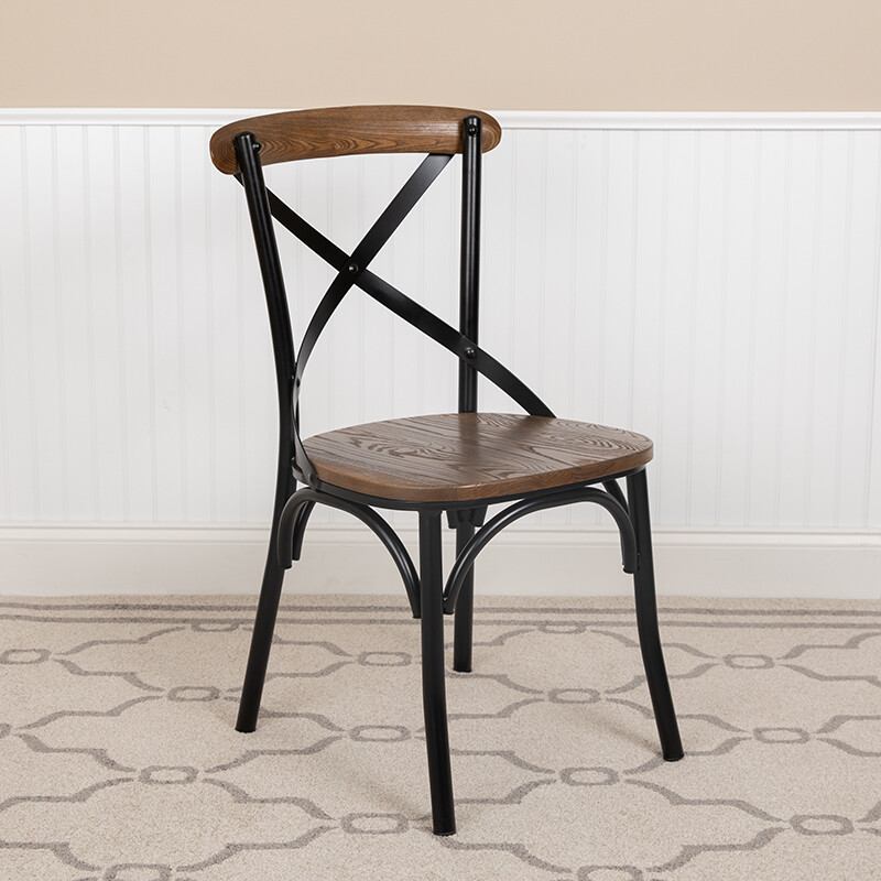 Bistro Style Cross Back Metal Restaurant Chair w/ Metal Bracing & Fruitwood Seat